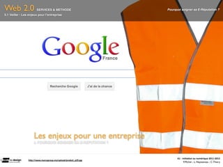 Web 2.0                 SERVICES & METHODE                        Pourquoi soigner sa E-Réputation ?
5.1 Veiller - Les enjeux pour l’entreprise




                     Les enjeux pour une entreprise
                     3. POURQUOI SOIGNER SA E-REPUTATION ?




                                                                        A1	
  -­‐	
  Ini(a(on	
  au	
  numérique	
  2011-­‐2012
                 hLp://www.marcogroup.ma/upload/produit_p29.jpg
                                                                                      F.Michel - L. Neyssensas - C.Thiery
 