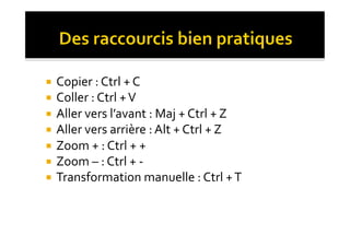   Copier	
  :	
  Ctrl	
  +	
  C	
  
  Coller	
  :	
  Ctrl	
  +	
  V	
  
  Aller	
  vers	
  l’avant	
  :	
  Maj	
  +	
  Ctrl	
  +	
  Z	
  
  Aller	
  vers	
  arrière	
  :	
  Alt	
  +	
  Ctrl	
  +	
  Z	
  
  Zoom	
  +	
  :	
  Ctrl	
  +	
  +	
  
  Zoom	
  –	
  :	
  Ctrl	
  +	
  -­‐	
  
  Transformation	
  manuelle	
  :	
  Ctrl	
  +	
  T	
  
 