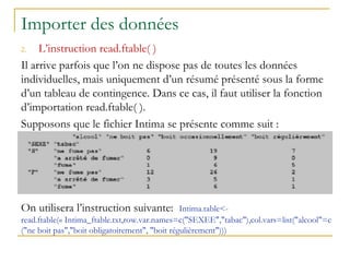 Importer des données
2. L’instruction read.ftable( )
Il arrive parfois que l’on ne dispose pas de toutes les données
individuelles, mais uniquement d’un résumé présenté sous la forme
d’un tableau de contingence. Dans ce cas, il faut utiliser la fonction
d’importation read.ftable( ).
Supposons que le fichier Intima se présente comme suit :
On utilisera l’instruction suivante: Intima.table<-
read.ftable(« Intima_ftable.txt,row.var.names=c("SEXEE","tabac"),col.vars=list("alcool"=c
("ne boit pas","boit obligatoirement", "boit régulièrement")))
 