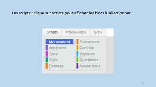 Les scripts : clique sur scripts pour afficher les blocs à sélectionner
22
 