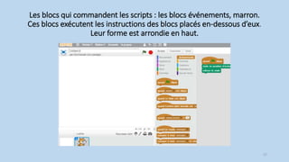 Les blocs qui commandent les scripts : les blocs événements, marron.
Ces blocs exécutent les instructions des blocs placés en-dessous d’eux.
Leur forme est arrondie en haut.
27
 
