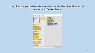 Les blocs qui permettent de faire des boucles, des répétitions et qui
encastrent d’autres blocs.
28
 