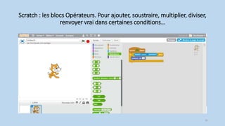 Scratch : les blocs Opérateurs. Pour ajouter, soustraire, multiplier, diviser,
renvoyer vrai dans certaines conditions…
31
 