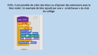 Enfin, il est possible de créer des blocs ou d’ajouter des extensions avec le
bloc violet. Un exemple de bloc ajouté par une « scratcheuse » du club
du collège.
32
 