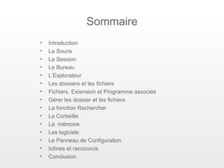 Sommaire
•   Introduction
•   La Souris
•   La Session
•   Le Bureau
•   L’Explorateur
•   Les dossiers et les fichiers
•   Fichiers, Extension et Programme associés
•   Gérer les dossier et les fichiers
•   La fonction Rechercher
•   La Corbeille
•   La mémoire
•   Les logiciels
•   Le Panneau de Configuration
•   Icônes et raccourcis
•   Conclusion
 