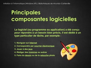 Initiation à l’informatique (Windows XP)| Bibliothèques de Ahuntsic-Cartierville




         Principales
         composantes logicielles
             Le logiciel (ou programme ou application) a été conçu
             pour répondre à un besoin bien précis, il est dédié à un
             type particulier de tâche, par exemple :

             1. Naviguer sur Internet
             2. Correspondre par courrier électronique
             3. Jouer à des jeux
             4. Rédiger des histoires ou autres
             5. Faire du dessin ou de la retouche photo
 