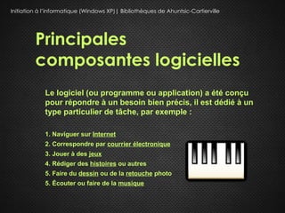 Initiation à l’informatique (Windows XP)| Bibliothèques de Ahuntsic-Cartierville




         Principales
         composantes logicielles
             Le logiciel (ou programme ou application) a été conçu
             pour répondre à un besoin bien précis, il est dédié à un
             type particulier de tâche, par exemple :

             1. Naviguer sur Internet
             2. Correspondre par courrier électronique
             3. Jouer à des jeux
             4. Rédiger des histoires ou autres
             5. Faire du dessin ou de la retouche photo
             5. Écouter ou faire de la musique
 
