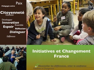 Paix
Pédagogie active



Citoyenneté
   Education

Développer
Innovation
        Ensemble
 Espoir Réﬂexion
         Dialoguer
      Différence




                          Initiatives et Changement
                                     France

                                  Réconcilier les différences, créer la conﬁance
                          Initiatives et Changement
 