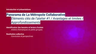 Programme atelier #1
Introduction et présentations
Panorama de La Métropole Collaborative
Eléments clés de l’atelier #1 / ...