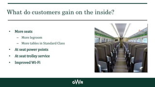 What do customers gain on the inside?
• More seats
– More legroom
– More tables in Standard Class
• At seat power points
• At seat trolley service
• Improved Wi-Fi
 