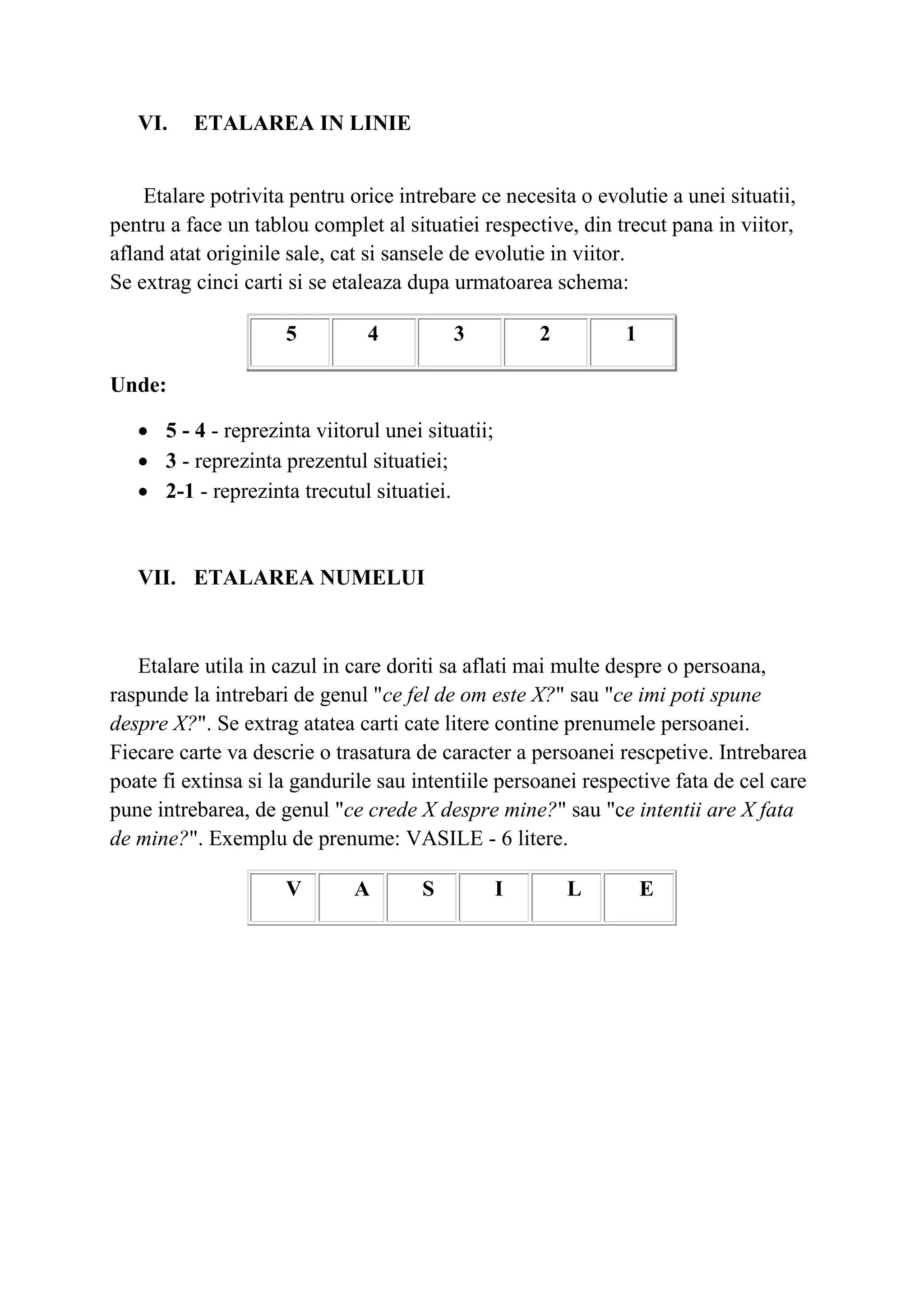 VI. ETALAREA IN LINIE
Etalare potrivita pentru orice intrebare ce necesita o evolutie a unei situatii,
pentru a face un tablou complet al situatiei respective, din trecut pana in viitor,
afland atat originile sale, cat si sansele de evolutie in viitor.
Se extrag cinci carti si se etaleaza dupa urmatoarea schema:
5 4 3 2 1
Unde:
 5 - 4 - reprezinta viitorul unei situatii;
 3 - reprezinta prezentul situatiei;
 2-1 - reprezinta trecutul situatiei.
VII. ETALAREA NUMELUI
Etalare utila in cazul in care doriti sa aflati mai multe despre o persoana,
raspunde la intrebari de genul "ce fel de om este X?" sau "ce imi poti spune
despre X?". Se extrag atatea carti cate litere contine prenumele persoanei.
Fiecare carte va descrie o trasatura de caracter a persoanei rescpetive. Intrebarea
poate fi extinsa si la gandurile sau intentiile persoanei respective fata de cel care
pune intrebarea, de genul "ce crede X despre mine?" sau "ce intentii are X fata
de mine?". Exemplu de prenume: VASILE - 6 litere.
V A S I L E
 