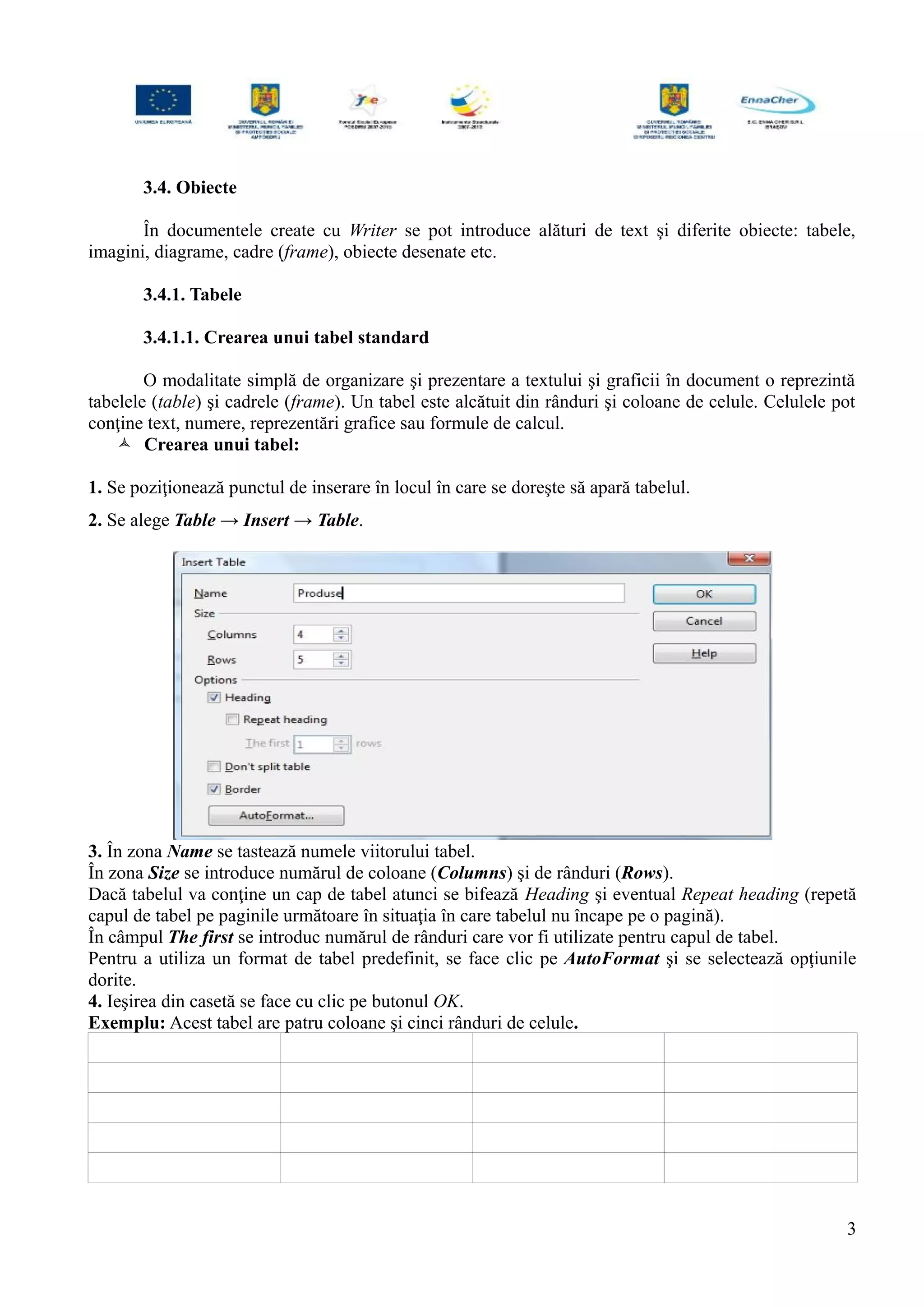 3.4. Obiecte
În documentele create cu Writer se pot introduce alături de text şi diferite obiecte: tabele,
imagini, diagrame, cadre (frame), obiecte desenate etc.
3.4.1. Tabele
3.4.1.1. Crearea unui tabel standard
O modalitate simplă de organizare şi prezentare a textului şi graficii în document o reprezintă
tabelele (table) şi cadrele (frame). Un tabel este alcătuit din rânduri şi coloane de celule. Celulele pot
conţine text, numere, reprezentări grafice sau formule de calcul.
 Crearea unui tabel:
1. Se poziţionează punctul de inserare în locul în care se doreşte să apară tabelul.
2. Se alege Table → Insert → Table.
3. În zona Name se tastează numele viitorului tabel.
În zona Size se introduce numărul de coloane (Columns) şi de rânduri (Rows).
Dacă tabelul va conţine un cap de tabel atunci se bifează Heading şi eventual Repeat heading (repetă
capul de tabel pe paginile următoare în situaţia în care tabelul nu încape pe o pagină).
În câmpul The first se introduc numărul de rânduri care vor fi utilizate pentru capul de tabel.
Pentru a utiliza un format de tabel predefinit, se face clic pe AutoFormat şi se selectează opţiunile
dorite.
4. Ieşirea din casetă se face cu clic pe butonul OK.
Exemplu: Acest tabel are patru coloane şi cinci rânduri de celule.
3
 