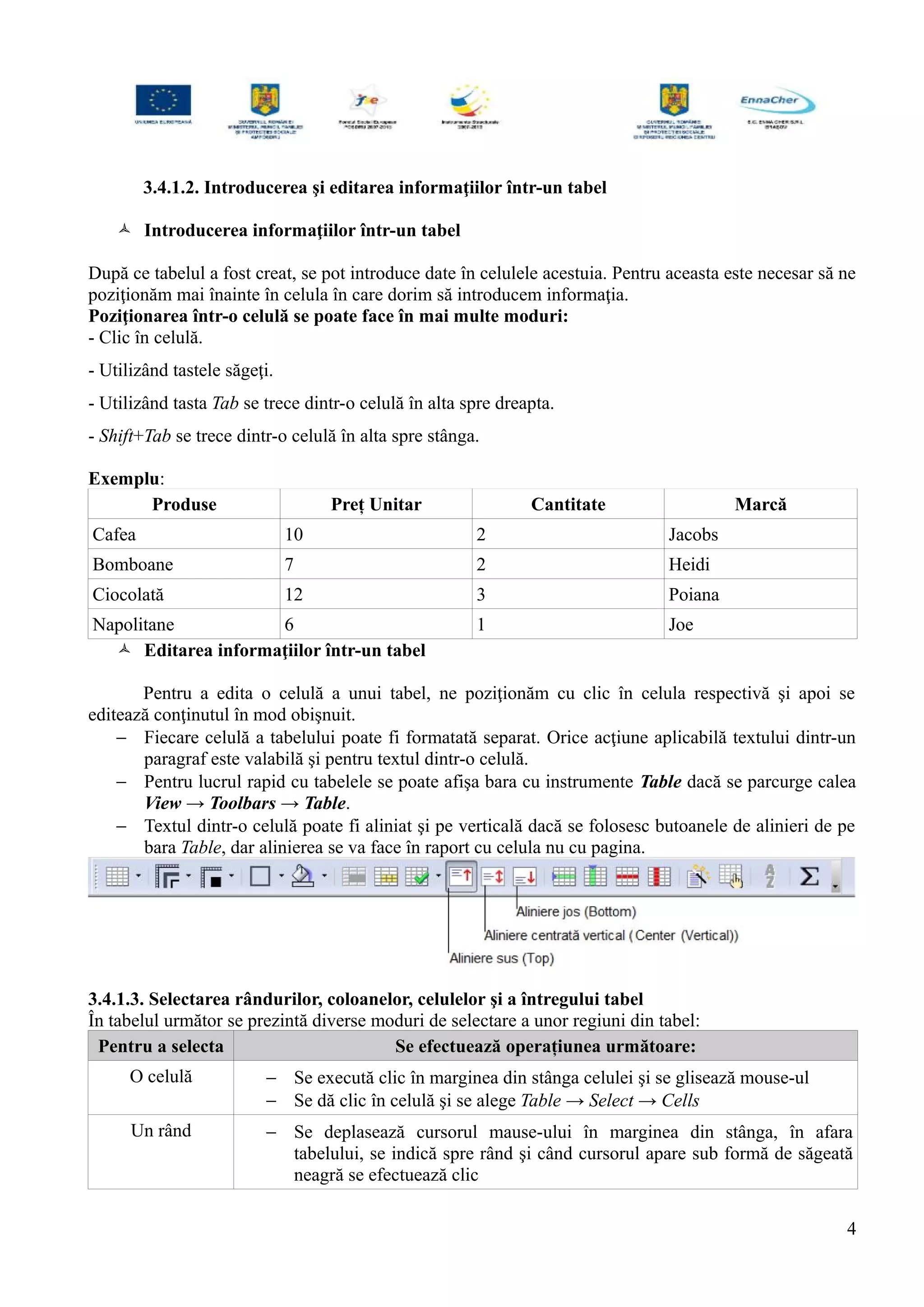 3.4.1.2. Introducerea şi editarea informaţiilor într-un tabel
 Introducerea informaţiilor într-un tabel
După ce tabelul a fost creat, se pot introduce date în celulele acestuia. Pentru aceasta este necesar să ne
poziţionăm mai înainte în celula în care dorim să introducem informaţia.
Poziţionarea într-o celulă se poate face în mai multe moduri:
- Clic în celulă.
- Utilizând tastele săgeţi.
- Utilizând tasta Tab se trece dintr-o celulă în alta spre dreapta.
- Shift+Tab se trece dintr-o celulă în alta spre stânga.
Exemplu:
Produse Preț Unitar Cantitate Marcă
Cafea 10 2 Jacobs
Bomboane 7 2 Heidi
Ciocolată 12 3 Poiana
Napolitane 6 1 Joe
 Editarea informaţiilor într-un tabel
Pentru a edita o celulă a unui tabel, ne poziţionăm cu clic în celula respectivă şi apoi se
editează conţinutul în mod obişnuit.
− Fiecare celulă a tabelului poate fi formatată separat. Orice acţiune aplicabilă textului dintr-un
paragraf este valabilă şi pentru textul dintr-o celulă.
− Pentru lucrul rapid cu tabelele se poate afişa bara cu instrumente Table dacă se parcurge calea
View → Toolbars → Table.
− Textul dintr-o celulă poate fi aliniat şi pe verticală dacă se folosesc butoanele de alinieri de pe
bara Table, dar alinierea se va face în raport cu celula nu cu pagina.
3.4.1.3. Selectarea rândurilor, coloanelor, celulelor şi a întregului tabel
În tabelul următor se prezintă diverse moduri de selectare a unor regiuni din tabel:
Pentru a selecta Se efectuează operațiunea următoare:
O celulă − Se execută clic în marginea din stânga celulei şi se glisează mouse-ul
− Se dă clic în celulă şi se alege Table → Select → Cells
Un rând − Se deplasează cursorul mause-ului în marginea din stânga, în afara
tabelului, se indică spre rând şi când cursorul apare sub formă de săgeată
neagră se efectuează clic
4
 