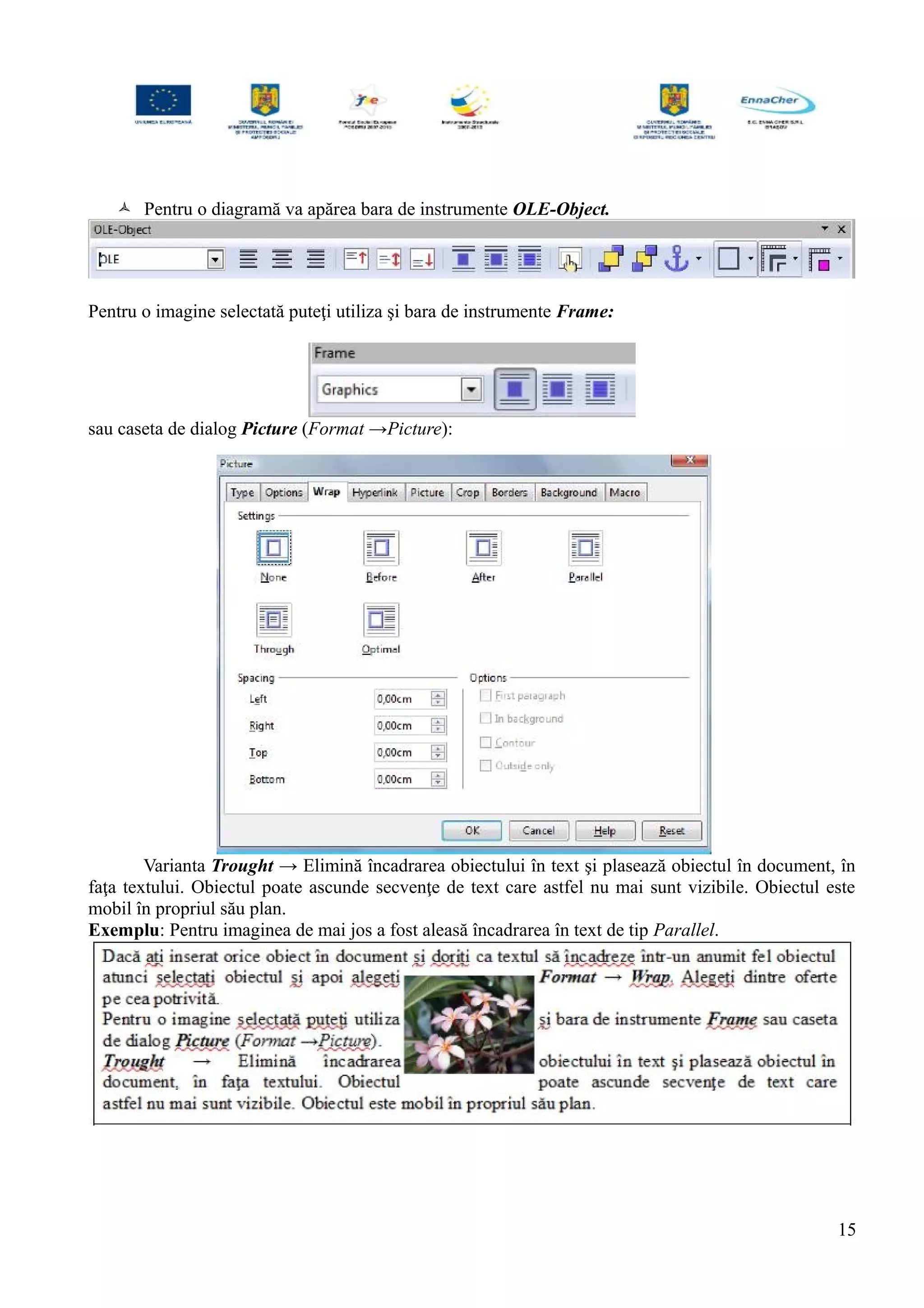  Pentru o diagramă va apărea bara de instrumente OLE-Object.
Pentru o imagine selectată puteţi utiliza şi bara de instrumente Frame:
sau caseta de dialog Picture (Format →Picture):
Varianta Trought → Elimină încadrarea obiectului în text şi plasează obiectul în document, în
faţa textului. Obiectul poate ascunde secvenţe de text care astfel nu mai sunt vizibile. Obiectul este
mobil în propriul său plan.
Exemplu: Pentru imaginea de mai jos a fost aleasă încadrarea în text de tip Parallel.
15
 