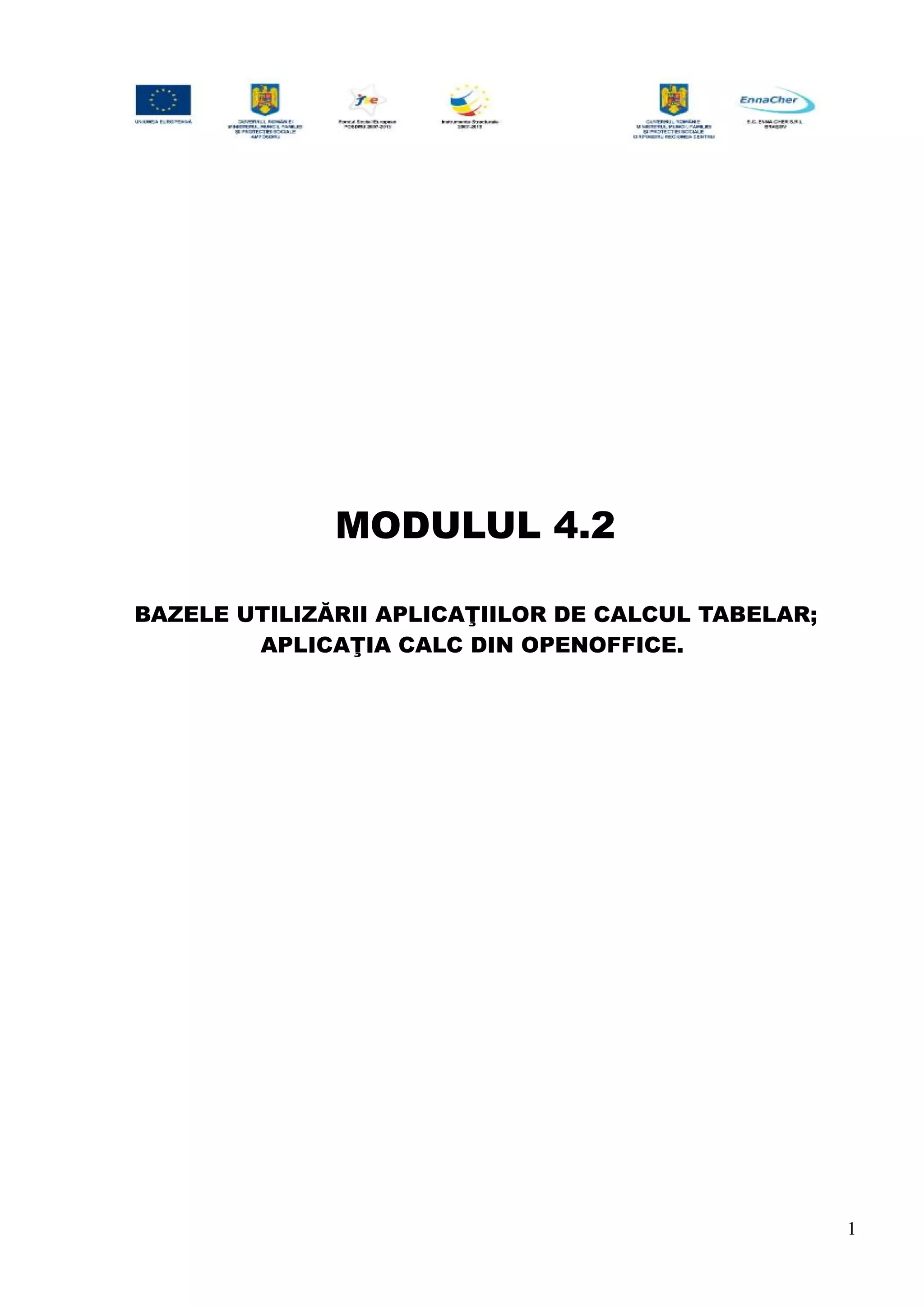 MODULUL 4.2
BAZELE UTILIZĂRII APLICAŢIILOR DE CALCUL TABELAR;
APLICAŢIA CALC DIN OPENOFFICE.
1
 