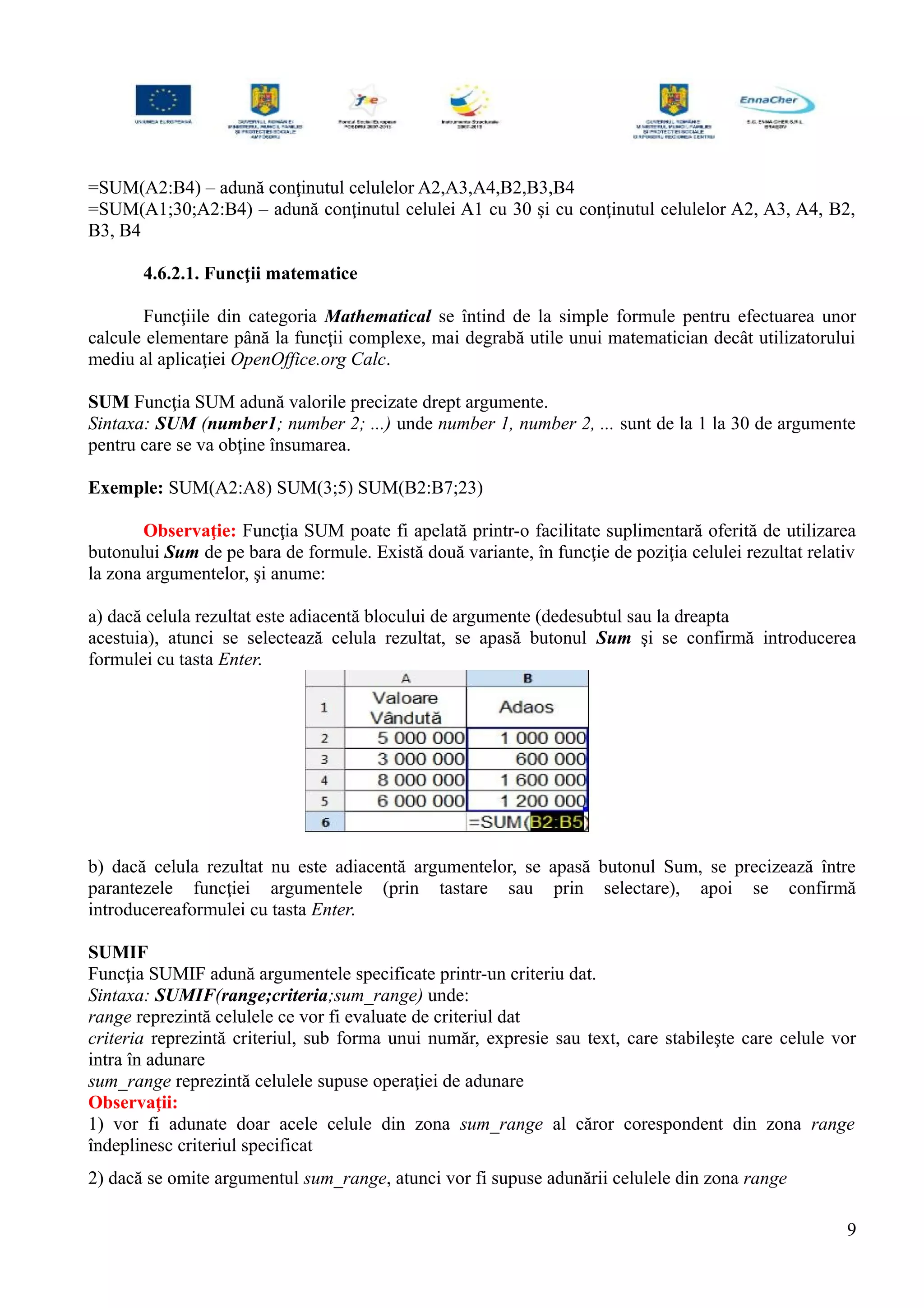 =SUM(A2:B4) – adună conţinutul celulelor A2,A3,A4,B2,B3,B4
=SUM(A1;30;A2:B4) – adună conţinutul celulei A1 cu 30 şi cu conţinutul celulelor A2, A3, A4, B2,
B3, B4
4.6.2.1. Funcţii matematice
Funcţiile din categoria Mathematical se întind de la simple formule pentru efectuarea unor
calcule elementare până la funcţii complexe, mai degrabă utile unui matematician decât utilizatorului
mediu al aplicaţiei OpenOffice.org Calc.
SUM Funcţia SUM adună valorile precizate drept argumente.
Sintaxa: SUM (number1; number 2; ...) unde number 1, number 2, ... sunt de la 1 la 30 de argumente
pentru care se va obţine însumarea.
Exemple: SUM(A2:A8) SUM(3;5) SUM(B2:B7;23)
Observaţie: Funcţia SUM poate fi apelată printr-o facilitate suplimentară oferită de utilizarea
butonului Sum de pe bara de formule. Există două variante, în funcţie de poziţia celulei rezultat relativ
la zona argumentelor, şi anume:
a) dacă celula rezultat este adiacentă blocului de argumente (dedesubtul sau la dreapta
acestuia), atunci se selectează celula rezultat, se apasă butonul Sum şi se confirmă introducerea
formulei cu tasta Enter.
b) dacă celula rezultat nu este adiacentă argumentelor, se apasă butonul Sum, se precizează între
parantezele funcţiei argumentele (prin tastare sau prin selectare), apoi se confirmă
introducereaformulei cu tasta Enter.
SUMIF
Funcţia SUMIF adună argumentele specificate printr-un criteriu dat.
Sintaxa: SUMIF(range;criteria;sum_range) unde:
range reprezintă celulele ce vor fi evaluate de criteriul dat
criteria reprezintă criteriul, sub forma unui număr, expresie sau text, care stabileşte care celule vor
intra în adunare
sum_range reprezintă celulele supuse operaţiei de adunare
Observaţii:
1) vor fi adunate doar acele celule din zona sum_range al căror corespondent din zona range
îndeplinesc criteriul specificat
2) dacă se omite argumentul sum_range, atunci vor fi supuse adunării celulele din zona range
9
 