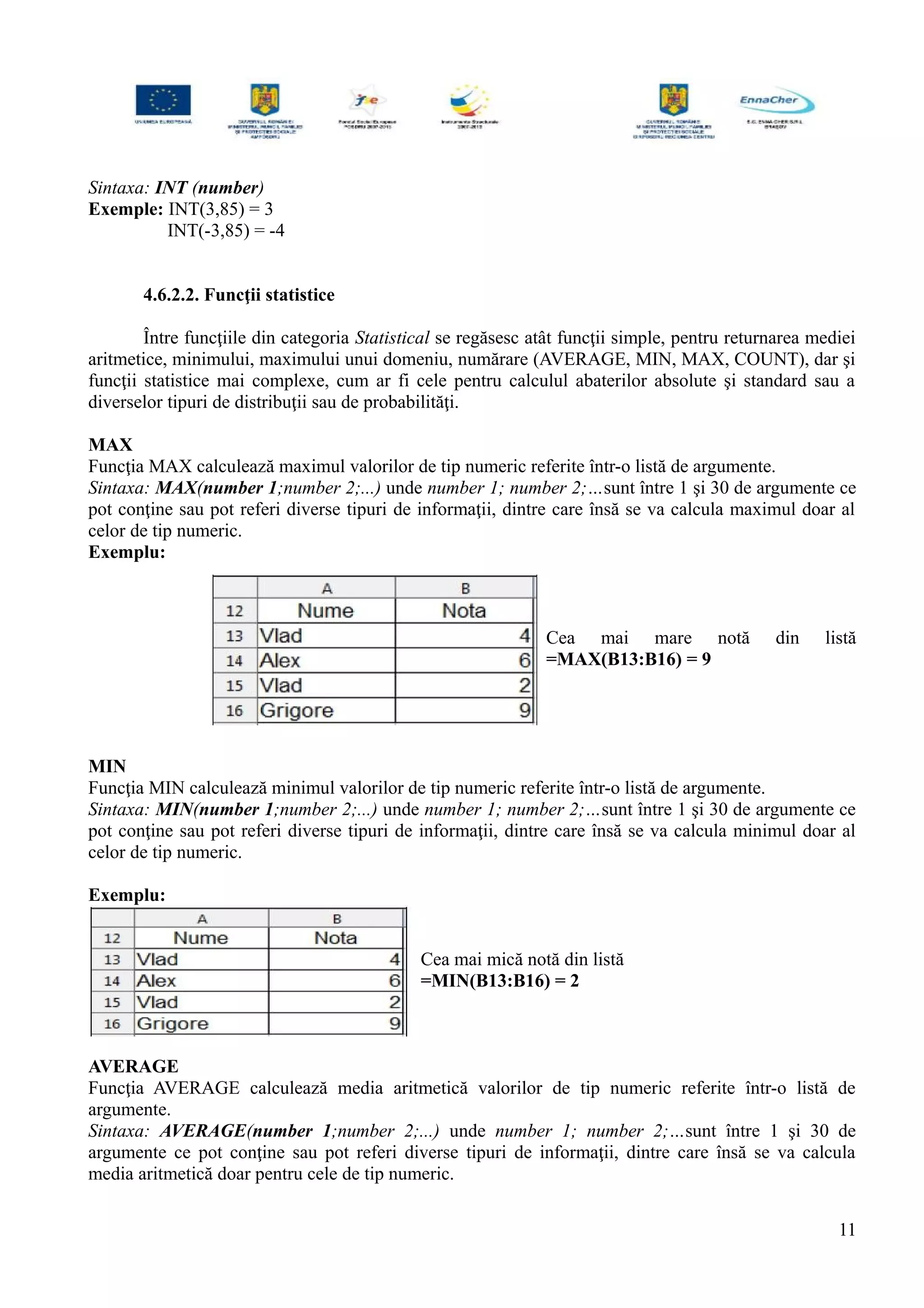Sintaxa: INT (number)
Exemple: INT(3,85) = 3
INT(-3,85) = -4
4.6.2.2. Funcţii statistice
Între funcţiile din categoria Statistical se regăsesc atât funcţii simple, pentru returnarea mediei
aritmetice, minimului, maximului unui domeniu, numărare (AVERAGE, MIN, MAX, COUNT), dar şi
funcţii statistice mai complexe, cum ar fi cele pentru calculul abaterilor absolute şi standard sau a
diverselor tipuri de distribuţii sau de probabilităţi.
MAX
Funcţia MAX calculează maximul valorilor de tip numeric referite într-o listă de argumente.
Sintaxa: MAX(number 1;number 2;...) unde number 1; number 2;…sunt între 1 şi 30 de argumente ce
pot conţine sau pot referi diverse tipuri de informaţii, dintre care însă se va calcula maximul doar al
celor de tip numeric.
Exemplu:
Cea mai mare notă din listă
=MAX(B13:B16) = 9
MIN
Funcţia MIN calculează minimul valorilor de tip numeric referite într-o listă de argumente.
Sintaxa: MIN(number 1;number 2;...) unde number 1; number 2;…sunt între 1 şi 30 de argumente ce
pot conţine sau pot referi diverse tipuri de informaţii, dintre care însă se va calcula minimul doar al
celor de tip numeric.
Exemplu:
Cea mai mică notă din listă
=MIN(B13:B16) = 2
AVERAGE
Funcţia AVERAGE calculează media aritmetică valorilor de tip numeric referite într-o listă de
argumente.
Sintaxa: AVERAGE(number 1;number 2;...) unde number 1; number 2;…sunt între 1 şi 30 de
argumente ce pot conţine sau pot referi diverse tipuri de informaţii, dintre care însă se va calcula
media aritmetică doar pentru cele de tip numeric.
11
 