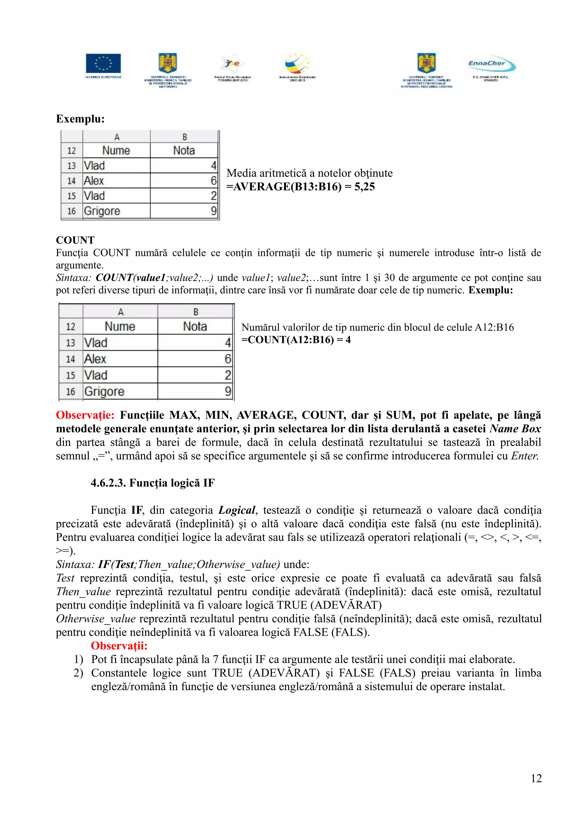Exemplu:
Media aritmetică a notelor obţinute
=AVERAGE(B13:B16) = 5,25
COUNT
Funcţia COUNT numără celulele ce conţin informaţii de tip numeric şi numerele introduse într-o listă de
argumente.
Sintaxa: COUNT(value1;value2;...) unde value1; value2;…sunt între 1 şi 30 de argumente ce pot conţine sau
pot referi diverse tipuri de informaţii, dintre care însă vor fi numărate doar cele de tip numeric. Exemplu:
Numărul valorilor de tip numeric din blocul de celule A12:B16
=COUNT(A12:B16) = 4
Observaţie: Funcţiile MAX, MIN, AVERAGE, COUNT, dar şi SUM, pot fi apelate, pe lângă
metodele generale enunţate anterior, şi prin selectarea lor din lista derulantă a casetei Name Box
din partea stângă a barei de formule, dacă în celula destinată rezultatului se tastează în prealabil
semnul „=”, urmând apoi să se specifice argumentele şi să se confirme introducerea formulei cu Enter.
4.6.2.3. Funcţia logică IF
Funcţia IF, din categoria Logical, testează o condiţie şi returnează o valoare dacă condiţia
precizată este adevărată (îndeplinită) şi o altă valoare dacă condiţia este falsă (nu este îndeplinită).
Pentru evaluarea condiţiei logice la adevărat sau fals se utilizează operatori relaţionali (=, <>, <, >, <=,
>=).
Sintaxa: IF(Test;Then_value;Otherwise_value) unde:
Test reprezintă condiţia, testul, şi este orice expresie ce poate fi evaluată ca adevărată sau falsă
Then_value reprezintă rezultatul pentru condiţie adevărată (îndeplinită): dacă este omisă, rezultatul
pentru condiţie îndeplinită va fi valoare logică TRUE (ADEVĂRAT)
Otherwise_value reprezintă rezultatul pentru condiţie falsă (neîndeplinită); dacă este omisă, rezultatul
pentru condiţie neîndeplinită va fi valoarea logică FALSE (FALS).
Observaţii:
1) Pot fi încapsulate până la 7 funcţii IF ca argumente ale testării unei condiţii mai elaborate.
2) Constantele logice sunt TRUE (ADEVĂRAT) şi FALSE (FALS) preiau varianta în limba
engleză/română în funcţie de versiunea engleză/română a sistemului de operare instalat.
12
 
