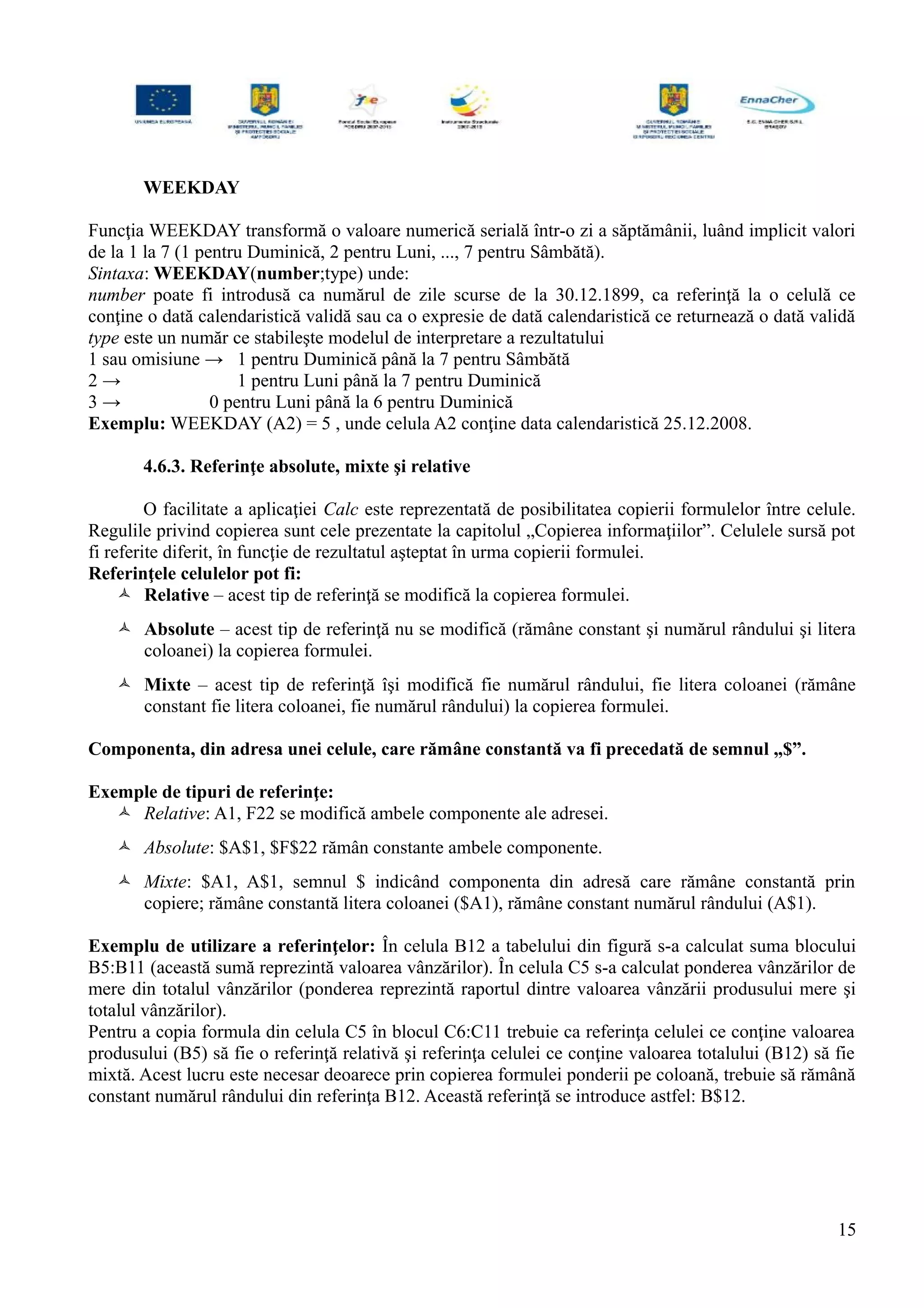 WEEKDAY
Funcţia WEEKDAY transformă o valoare numerică serială într-o zi a săptămânii, luând implicit valori
de la 1 la 7 (1 pentru Duminică, 2 pentru Luni, ..., 7 pentru Sâmbătă).
Sintaxa: WEEKDAY(number;type) unde:
number poate fi introdusă ca numărul de zile scurse de la 30.12.1899, ca referinţă la o celulă ce
conţine o dată calendaristică validă sau ca o expresie de dată calendaristică ce returnează o dată validă
type este un număr ce stabileşte modelul de interpretare a rezultatului
1 sau omisiune → 1 pentru Duminică până la 7 pentru Sâmbătă
2 → 1 pentru Luni până la 7 pentru Duminică
3 → 0 pentru Luni până la 6 pentru Duminică
Exemplu: WEEKDAY (A2) = 5 , unde celula A2 conţine data calendaristică 25.12.2008.
4.6.3. Referinţe absolute, mixte şi relative
O facilitate a aplicaţiei Calc este reprezentată de posibilitatea copierii formulelor între celule.
Regulile privind copierea sunt cele prezentate la capitolul „Copierea informaţiilor”. Celulele sursă pot
fi referite diferit, în funcţie de rezultatul aşteptat în urma copierii formulei.
Referinţele celulelor pot fi:
 Relative – acest tip de referinţă se modifică la copierea formulei.
 Absolute – acest tip de referinţă nu se modifică (rămâne constant şi numărul rândului şi litera
coloanei) la copierea formulei.
 Mixte – acest tip de referinţă îşi modifică fie numărul rândului, fie litera coloanei (rămâne
constant fie litera coloanei, fie numărul rândului) la copierea formulei.
Componenta, din adresa unei celule, care rămâne constantă va fi precedată de semnul „$”.
Exemple de tipuri de referinţe:
 Relative: A1, F22 se modifică ambele componente ale adresei.
 Absolute: $A$1, $F$22 rămân constante ambele componente.
 Mixte: $A1, A$1, semnul $ indicând componenta din adresă care rămâne constantă prin
copiere; rămâne constantă litera coloanei ($A1), rămâne constant numărul rândului (A$1).
Exemplu de utilizare a referinţelor: În celula B12 a tabelului din figură s-a calculat suma blocului
B5:B11 (această sumă reprezintă valoarea vânzărilor). În celula C5 s-a calculat ponderea vânzărilor de
mere din totalul vânzărilor (ponderea reprezintă raportul dintre valoarea vânzării produsului mere şi
totalul vânzărilor).
Pentru a copia formula din celula C5 în blocul C6:C11 trebuie ca referinţa celulei ce conţine valoarea
produsului (B5) să fie o referinţă relativă şi referinţa celulei ce conţine valoarea totalului (B12) să fie
mixtă. Acest lucru este necesar deoarece prin copierea formulei ponderii pe coloană, trebuie să rămână
constant numărul rândului din referinţa B12. Această referinţă se introduce astfel: B$12.
15
 