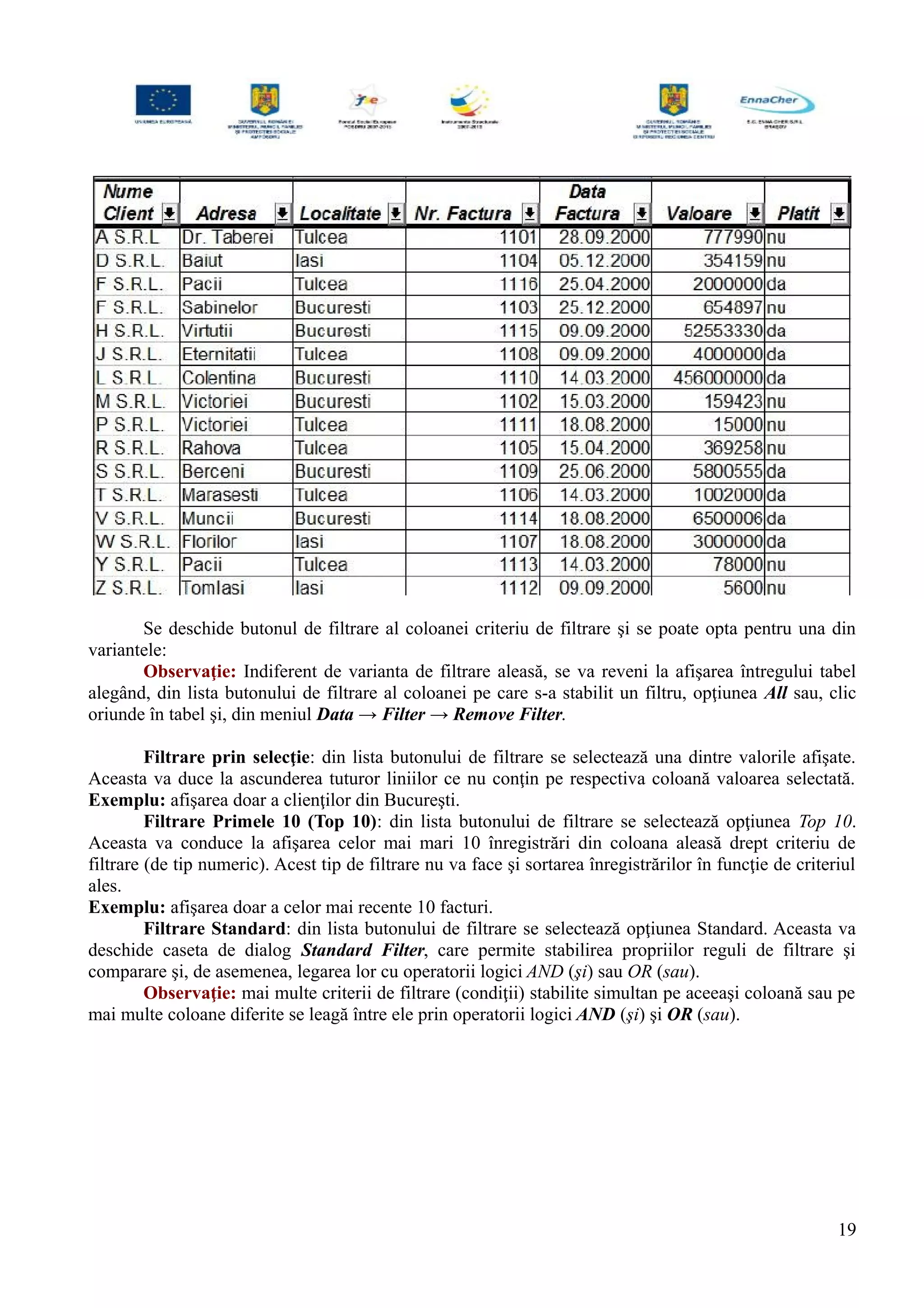 Se deschide butonul de filtrare al coloanei criteriu de filtrare şi se poate opta pentru una din
variantele:
Observaţie: Indiferent de varianta de filtrare aleasă, se va reveni la afişarea întregului tabel
alegând, din lista butonului de filtrare al coloanei pe care s-a stabilit un filtru, opţiunea All sau, clic
oriunde în tabel şi, din meniul Data → Filter → Remove Filter.
Filtrare prin selecţie: din lista butonului de filtrare se selectează una dintre valorile afişate.
Aceasta va duce la ascunderea tuturor liniilor ce nu conţin pe respectiva coloană valoarea selectată.
Exemplu: afişarea doar a clienţilor din Bucureşti.
Filtrare Primele 10 (Top 10): din lista butonului de filtrare se selectează opţiunea Top 10.
Aceasta va conduce la afişarea celor mai mari 10 înregistrări din coloana aleasă drept criteriu de
filtrare (de tip numeric). Acest tip de filtrare nu va face şi sortarea înregistrărilor în funcţie de criteriul
ales.
Exemplu: afişarea doar a celor mai recente 10 facturi.
Filtrare Standard: din lista butonului de filtrare se selectează opţiunea Standard. Aceasta va
deschide caseta de dialog Standard Filter, care permite stabilirea propriilor reguli de filtrare şi
comparare şi, de asemenea, legarea lor cu operatorii logici AND (şi) sau OR (sau).
Observaţie: mai multe criterii de filtrare (condiţii) stabilite simultan pe aceeaşi coloană sau pe
mai multe coloane diferite se leagă între ele prin operatorii logici AND (şi) şi OR (sau).
19
 