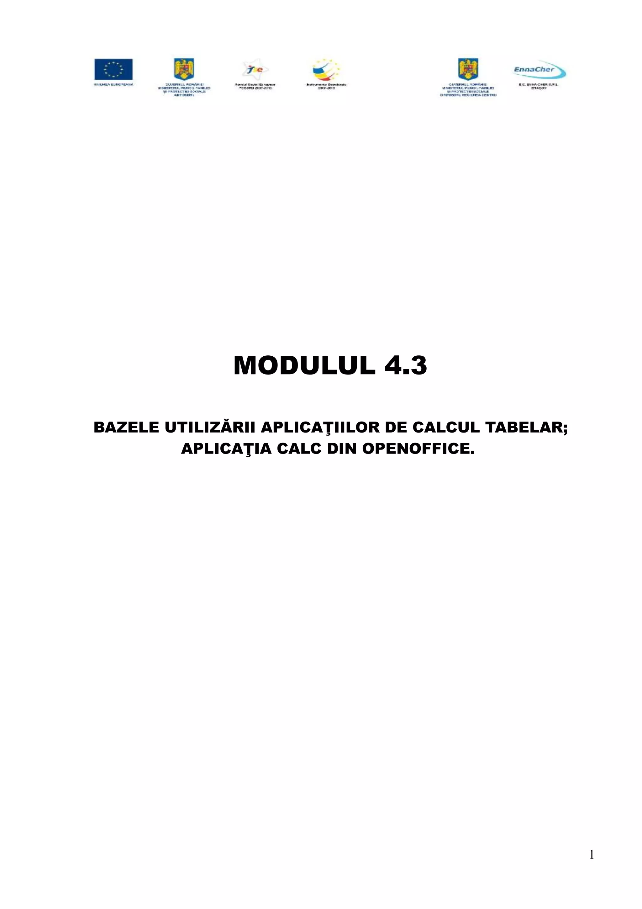 MODULUL 4.3
BAZELE UTILIZĂRII APLICAŢIILOR DE CALCUL TABELAR;
APLICAŢIA CALC DIN OPENOFFICE.
1
 