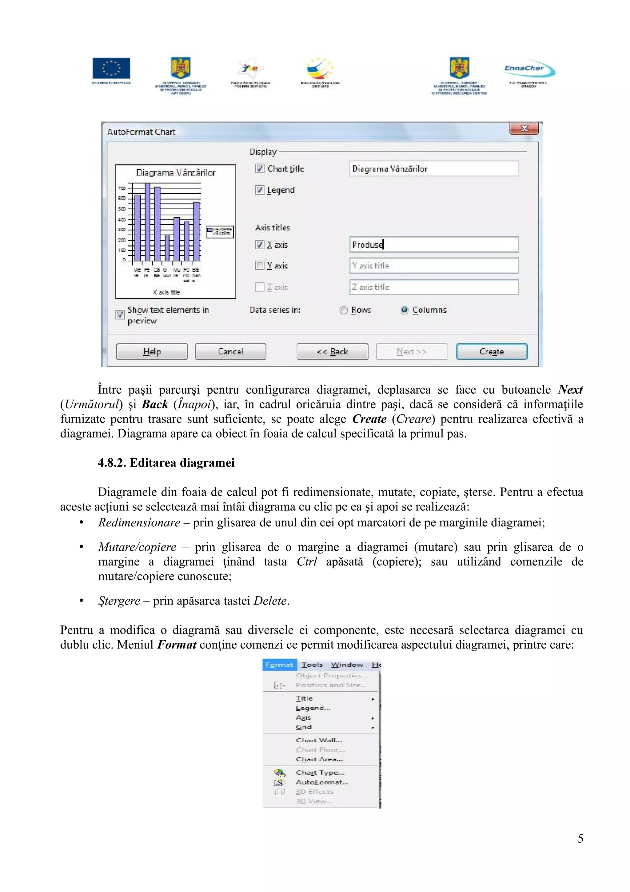 Între paşii parcurşi pentru configurarea diagramei, deplasarea se face cu butoanele Next
(Următorul) şi Back (Înapoi), iar, în cadrul oricăruia dintre paşi, dacă se consideră că informaţiile
furnizate pentru trasare sunt suficiente, se poate alege Create (Creare) pentru realizarea efectivă a
diagramei. Diagrama apare ca obiect în foaia de calcul specificată la primul pas.
4.8.2. Editarea diagramei
Diagramele din foaia de calcul pot fi redimensionate, mutate, copiate, şterse. Pentru a efectua
aceste acţiuni se selectează mai întâi diagrama cu clic pe ea şi apoi se realizează:
• Redimensionare – prin glisarea de unul din cei opt marcatori de pe marginile diagramei;
• Mutare/copiere – prin glisarea de o margine a diagramei (mutare) sau prin glisarea de o
margine a diagramei ţinând tasta Ctrl apăsată (copiere); sau utilizând comenzile de
mutare/copiere cunoscute;
• Ştergere – prin apăsarea tastei Delete.
Pentru a modifica o diagramă sau diversele ei componente, este necesară selectarea diagramei cu
dublu clic. Meniul Format conţine comenzi ce permit modificarea aspectului diagramei, printre care:
5
 