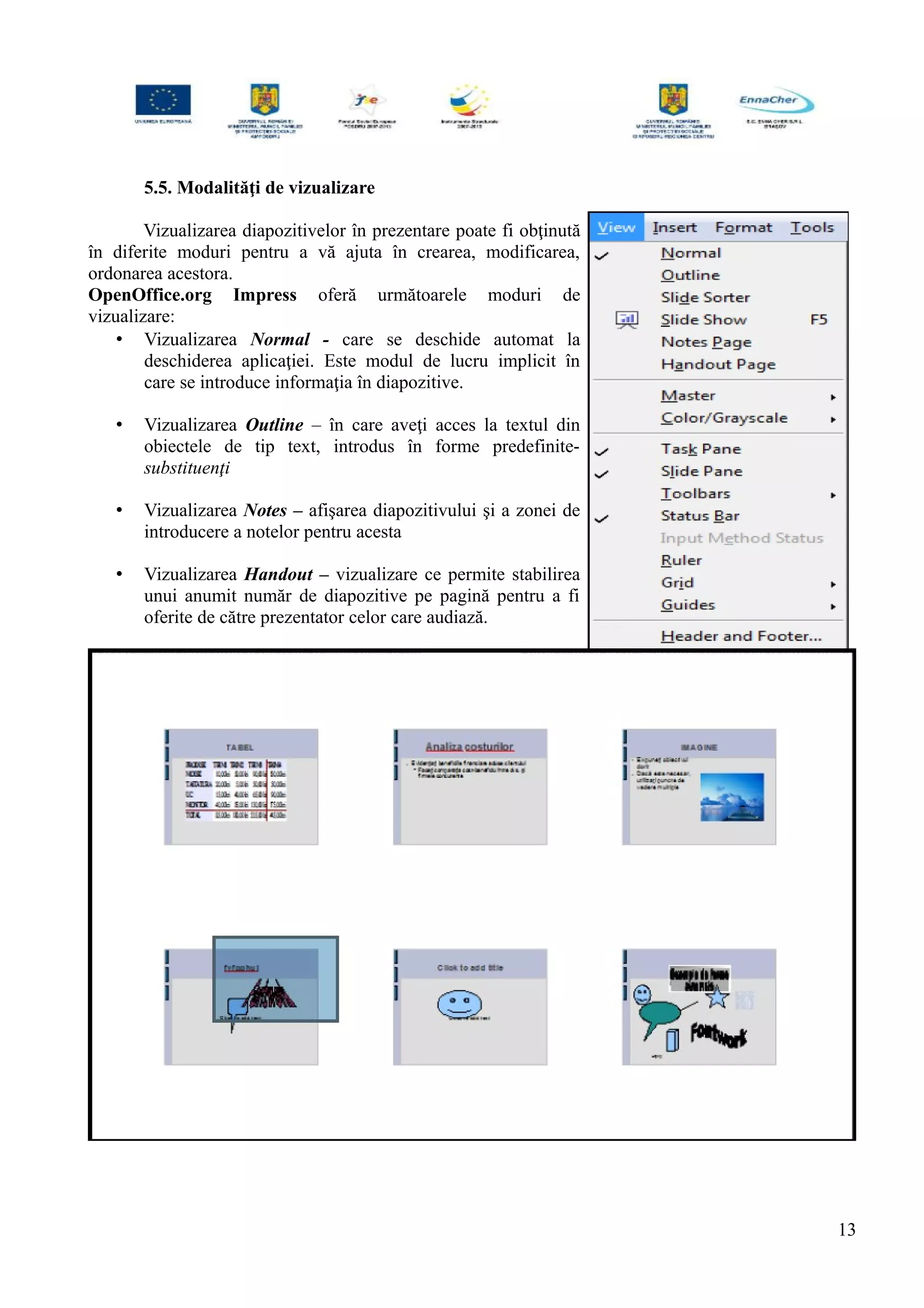 5.5. Modalităţi de vizualizare
Vizualizarea diapozitivelor în prezentare poate fi obţinută
în diferite moduri pentru a vă ajuta în crearea, modificarea,
ordonarea acestora.
OpenOffice.org Impress oferă următoarele moduri de
vizualizare:
• Vizualizarea Normal - care se deschide automat la
deschiderea aplicaţiei. Este modul de lucru implicit în
care se introduce informaţia în diapozitive.
• Vizualizarea Outline – în care aveţi acces la textul din
obiectele de tip text, introdus în forme predefinite-
substituenţi
• Vizualizarea Notes – afişarea diapozitivului şi a zonei de
introducere a notelor pentru acesta
• Vizualizarea Handout – vizualizare ce permite stabilirea
unui anumit număr de diapozitive pe pagină pentru a fi
oferite de către prezentator celor care audiază.
13
 