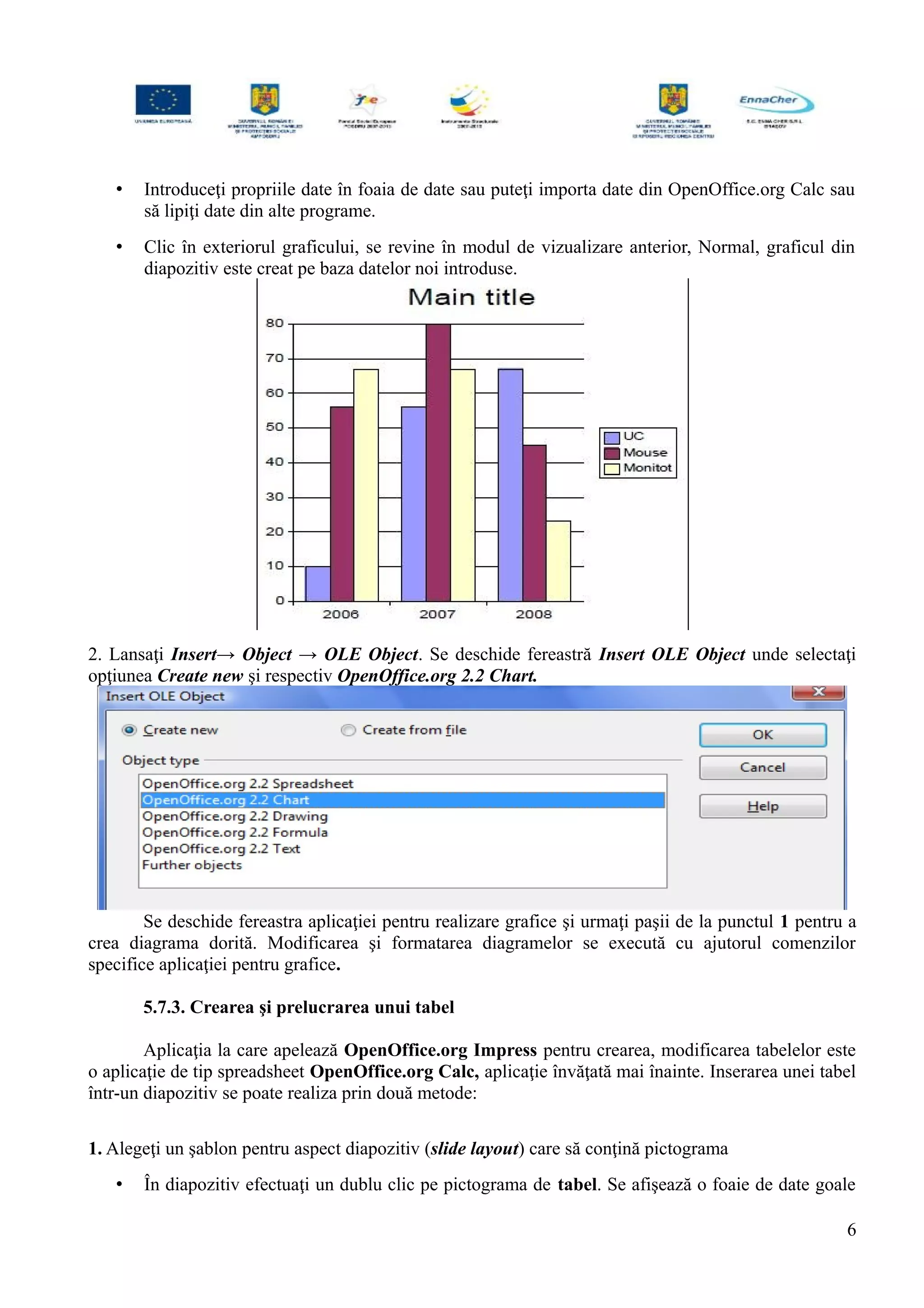 • Introduceţi propriile date în foaia de date sau puteţi importa date din OpenOffice.org Calc sau
să lipiţi date din alte programe.
• Clic în exteriorul graficului, se revine în modul de vizualizare anterior, Normal, graficul din
diapozitiv este creat pe baza datelor noi introduse.
2. Lansaţi Insert→ Object → OLE Object. Se deschide fereastră Insert OLE Object unde selectaţi
opţiunea Create new şi respectiv OpenOffice.org 2.2 Chart.
Se deschide fereastra aplicaţiei pentru realizare grafice şi urmaţi paşii de la punctul 1 pentru a
crea diagrama dorită. Modificarea şi formatarea diagramelor se execută cu ajutorul comenzilor
specifice aplicaţiei pentru grafice.
5.7.3. Crearea şi prelucrarea unui tabel
Aplicaţia la care apelează OpenOffice.org Impress pentru crearea, modificarea tabelelor este
o aplicaţie de tip spreadsheet OpenOffice.org Calc, aplicaţie învăţată mai înainte. Inserarea unei tabel
într-un diapozitiv se poate realiza prin două metode:
1. Alegeţi un şablon pentru aspect diapozitiv (slide layout) care să conţină pictograma
• În diapozitiv efectuaţi un dublu clic pe pictograma de tabel. Se afişează o foaie de date goale
6
 