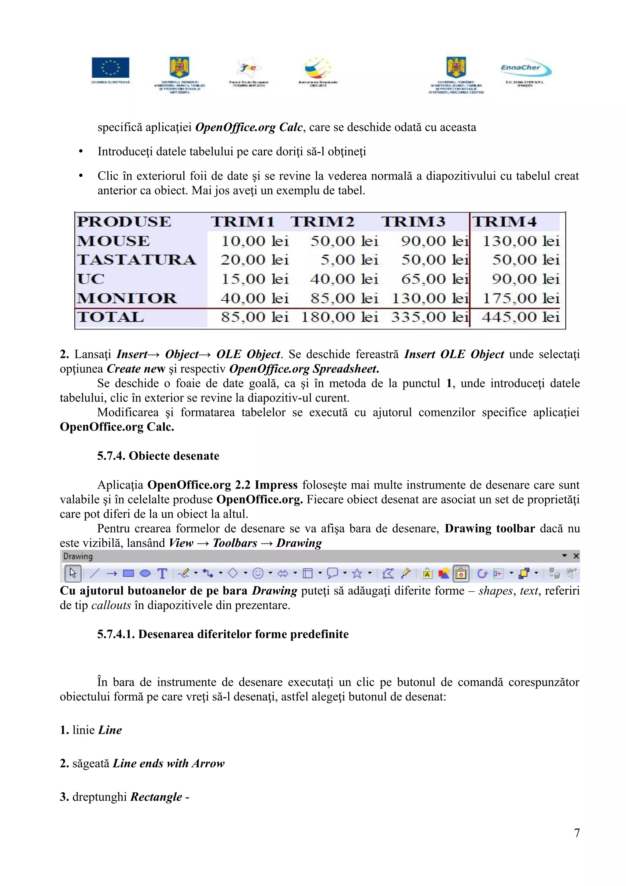 specifică aplicaţiei OpenOffice.org Calc, care se deschide odată cu aceasta
• Introduceţi datele tabelului pe care doriţi să-l obţineţi
• Clic în exteriorul foii de date şi se revine la vederea normală a diapozitivului cu tabelul creat
anterior ca obiect. Mai jos aveţi un exemplu de tabel.
2. Lansaţi Insert→ Object→ OLE Object. Se deschide fereastră Insert OLE Object unde selectaţi
opţiunea Create new şi respectiv OpenOffice.org Spreadsheet.
Se deschide o foaie de date goală, ca şi în metoda de la punctul 1, unde introduceţi datele
tabelului, clic în exterior se revine la diapozitiv-ul curent.
Modificarea şi formatarea tabelelor se execută cu ajutorul comenzilor specifice aplicaţiei
OpenOffice.org Calc.
5.7.4. Obiecte desenate
Aplicaţia OpenOffice.org 2.2 Impress foloseşte mai multe instrumente de desenare care sunt
valabile şi în celelalte produse OpenOffice.org. Fiecare obiect desenat are asociat un set de proprietăţi
care pot diferi de la un obiect la altul.
Pentru crearea formelor de desenare se va afişa bara de desenare, Drawing toolbar dacă nu
este vizibilă, lansând View → Toolbars → Drawing
Cu ajutorul butoanelor de pe bara Drawing puteţi să adăugaţi diferite forme – shapes, text, referiri
de tip callouts în diapozitivele din prezentare.
5.7.4.1. Desenarea diferitelor forme predefinite
În bara de instrumente de desenare executaţi un clic pe butonul de comandă corespunzător
obiectului formă pe care vreţi să-l desenaţi, astfel alegeţi butonul de desenat:
1. linie Line
2. săgeată Line ends with Arrow
3. dreptunghi Rectangle -
7
 