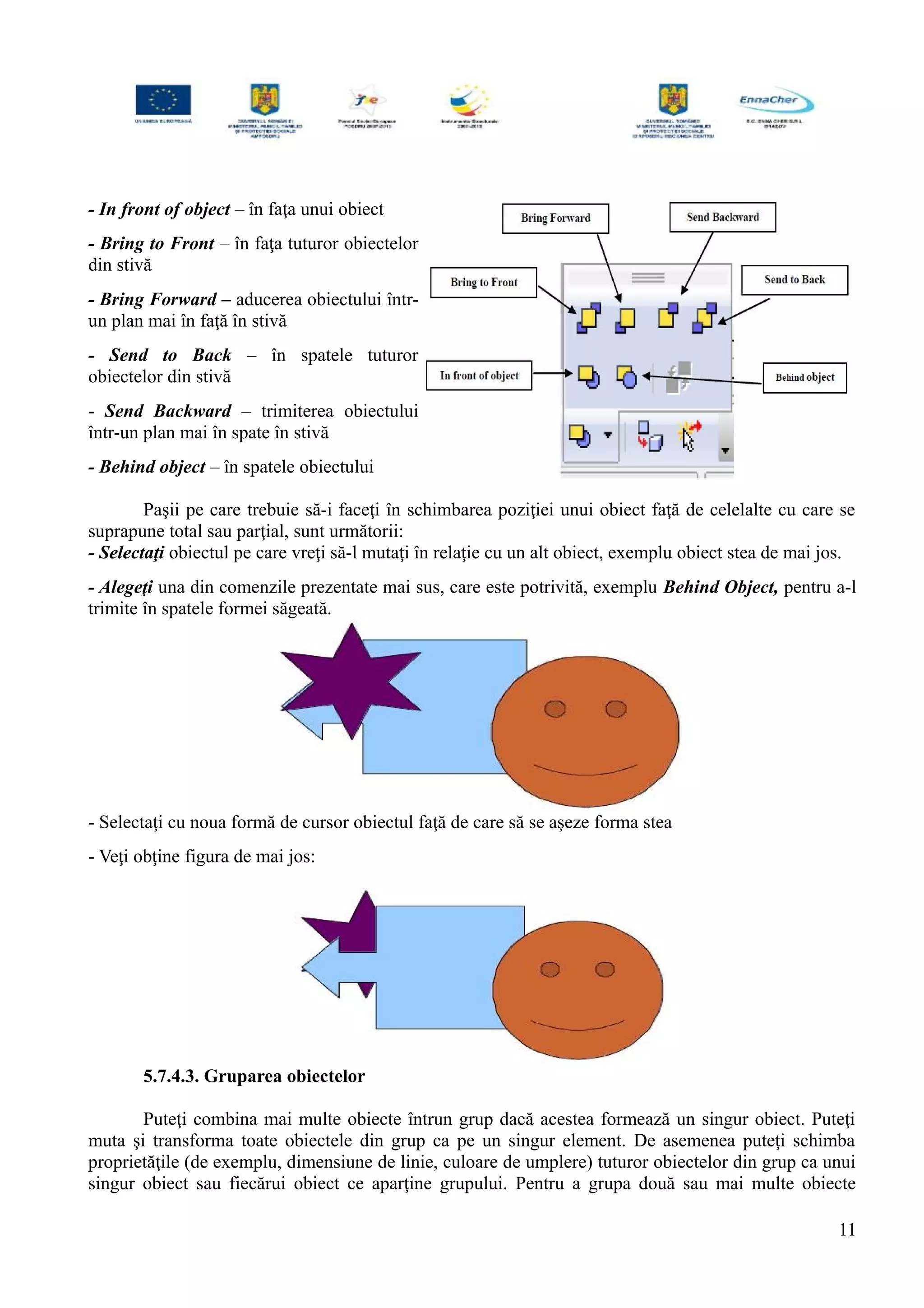 - In front of object – în faţa unui obiect
- Bring to Front – în faţa tuturor obiectelor
din stivă
- Bring Forward – aducerea obiectului într-
un plan mai în faţă în stivă
- Send to Back – în spatele tuturor
obiectelor din stivă
- Send Backward – trimiterea obiectului
într-un plan mai în spate în stivă
- Behind object – în spatele obiectului
Paşii pe care trebuie să-i faceţi în schimbarea poziţiei unui obiect faţă de celelalte cu care se
suprapune total sau parţial, sunt următorii:
- Selectaţi obiectul pe care vreţi să-l mutaţi în relaţie cu un alt obiect, exemplu obiect stea de mai jos.
- Alegeţi una din comenzile prezentate mai sus, care este potrivită, exemplu Behind Object, pentru a-l
trimite în spatele formei săgeată.
- Selectaţi cu noua formă de cursor obiectul faţă de care să se aşeze forma stea
- Veţi obţine figura de mai jos:
5.7.4.3. Gruparea obiectelor
Puteţi combina mai multe obiecte întrun grup dacă acestea formează un singur obiect. Puteţi
muta şi transforma toate obiectele din grup ca pe un singur element. De asemenea puteţi schimba
proprietăţile (de exemplu, dimensiune de linie, culoare de umplere) tuturor obiectelor din grup ca unui
singur obiect sau fiecărui obiect ce aparţine grupului. Pentru a grupa două sau mai multe obiecte
11
 