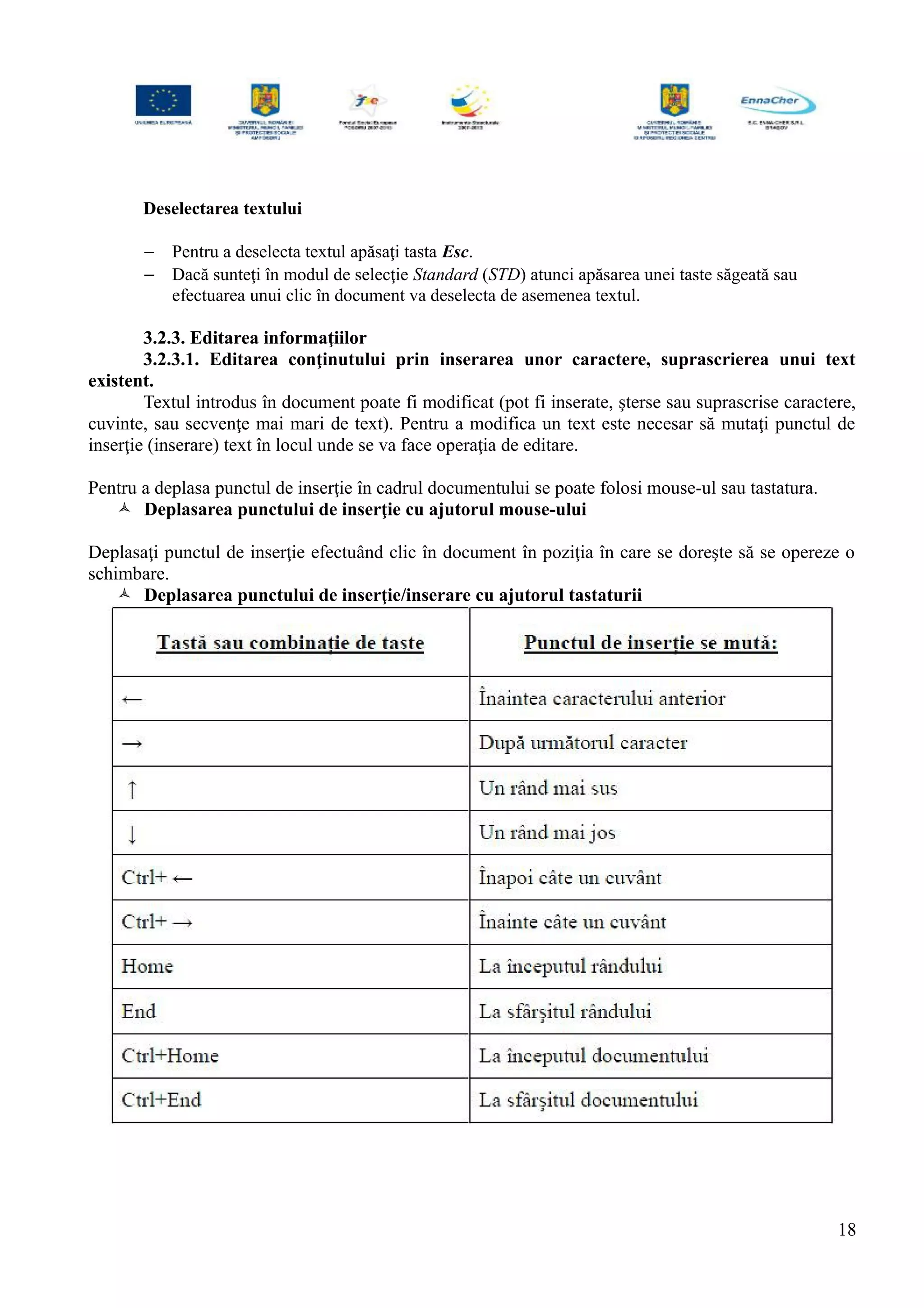 Deselectarea textului
− Pentru a deselecta textul apăsaţi tasta Esc.
− Dacă sunteţi în modul de selecţie Standard (STD) atunci apăsarea unei taste săgeată sau
efectuarea unui clic în document va deselecta de asemenea textul.
3.2.3. Editarea informaţiilor
3.2.3.1. Editarea conţinutului prin inserarea unor caractere, suprascrierea unui text
existent.
Textul introdus în document poate fi modificat (pot fi inserate, şterse sau suprascrise caractere,
cuvinte, sau secvenţe mai mari de text). Pentru a modifica un text este necesar să mutaţi punctul de
inserţie (inserare) text în locul unde se va face operaţia de editare.
Pentru a deplasa punctul de inserţie în cadrul documentului se poate folosi mouse-ul sau tastatura.
 Deplasarea punctului de inserţie cu ajutorul mouse-ului
Deplasaţi punctul de inserţie efectuând clic în document în poziţia în care se doreşte să se opereze o
schimbare.
 Deplasarea punctului de inserţie/inserare cu ajutorul tastaturii
18
 