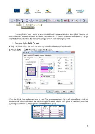 Pentru aplicarea unui chenar, se selectează celulele cărora urmează să li se aplice chenarul, se
selectează stilul de linie, culoarea de chenar care urmează a fi folosită după care se efectuează clic pe
săgeata butonului Borders. Se efectuează clic pe tipul de chenar (margine) dorit.
 Caseta de dialog Table Format
1. Daţi clic într-o celulă din tabel sau selectaţi celulele cărora le aplicaţi chenarul.
2. Alegeţi Table → Table Properties şi apoi fila Borders.
Alegeţi stilul de linie, culoarea şi apoi în zona Line arrangement daţi clic pe oferta de chenar potrivită.
Prima ofertă înlătură chenarul. De asemenea puteţi stabili spaţiul liber până la conţinutul celulelor
(Spacing to contents) şi puteţi aplica o umbră (Shadow style).
8
 