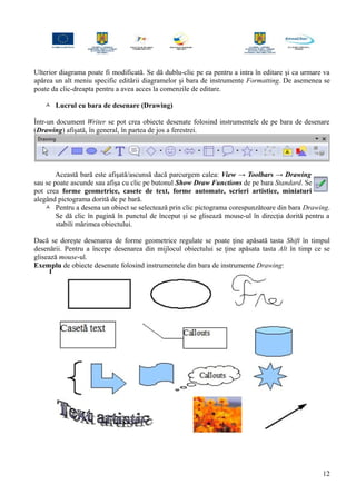 Ulterior diagrama poate fi modificată. Se dă dublu-clic pe ea pentru a intra în editare şi ca urmare va
apărea un alt meniu specific editării diagramelor şi bara de instrumente Formatting. De asemenea se
poate da clic-dreapta pentru a avea acces la comenzile de editare.
 Lucrul cu bara de desenare (Drawing)
Într-un document Writer se pot crea obiecte desenate folosind instrumentele de pe bara de desenare
(Drawing) afişată, în general, în partea de jos a ferestrei.
Această bară este afişată/ascunsă dacă parcurgem calea: View → Toolbars → Drawing
sau se poate ascunde sau afişa cu clic pe butonul Show Draw Functions de pe bara Standard. Se
pot crea forme geometrice, casete de text, forme automate, scrieri artistice, miniaturi
alegând pictograma dorită de pe bară.
 Pentru a desena un obiect se selectează prin clic pictograma corespunzătoare din bara Drawing.
Se dă clic în pagină în punctul de început şi se glisează mouse-ul în direcţia dorită pentru a
stabili mărimea obiectului.
Dacă se doreşte desenarea de forme geometrice regulate se poate ţine apăsată tasta Shift în timpul
desenării. Pentru a începe desenarea din mijlocul obiectului se ţine apăsata tasta Alt în timp ce se
glisează mouse-ul.
Exemplu de obiecte desenate folosind instrumentele din bara de instrumente Drawing:
12
 