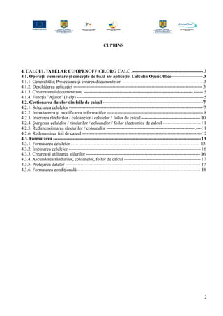 CUPRINS
4. CALCUL TABELAR CU OPENOFFICE.ORG CALC .----------------------------------------------- 3
4.1. Operaţii elementare şi concepte de bază ale aplicaţiei Calc din OpenOffice--------------------- 3
4.1.1. Generalităţi; Proiectarea şi crearea documentelor------------------------------------------------------- 3
4.1.2. Deschiderea aplicaţiei -------------------------------------------------------------------------------------- 3
4.1.3. Crearea unui document nou -------------------------------------------------------------------------.------ 5
4.1.4. Funcţia ”Ajutor” (Help) -------------------------------------------------------------------------------------5
4.2. Gestionarea datelor din foile de calcul -------------------------------------------------------------------7
4.2.1. Selectarea celulelor ------------------------------------------------------------------------------------------7
4.2.2. Introducerea şi modificarea informaţiilor ---------------------------------------------------------------- 8
4.2.3. Inserarea rândurilor / coloanelor / celulelor / foilor de calcul --------------------------------------- 10
4.2.4. Ştergerea celulelor / rândurilor / coloanelor / foilor electronice de calcul --------------------------11
4.2.5. Redimensionarea rândurilor / coloanelor -----------------------------------------------------------.----11
4.2.6. Redenumirea foii de calcul --------------------------------------------------------------------------------12
4.3. Formatarea ---------------------------------------------------------------------------------------------------13
4.3.1. Formatarea celulelor -------------------------------------------------------------------------------------- 13
4.3.2. Îmbinarea celulelor ---------------------------------------------------------------------------------------- 16
4.3.3. Crearea şi utilizarea stilurilor ---------------------------------------------------------------------------- 16
4.3.4. Ascunderea rândurilor, coloanelor, foilor de calcul --------------------------------------------------- 17
4.3.5. Protejarea datelor ------------------------------------------------------------------------------------------ 17
4.3.6. Formatarea condiţională ---------------------------------------------------------------------------------- 18
2
 