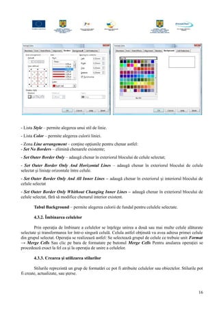 - Lista Style – permite alegerea unui stil de linie.
- Lista Color – permite alegerea culorii liniei.
- Zona Line arrangement – conţine opţiunile pentru chenar astfel:
- Set No Borders – elimină chenarele existente;
- Set Outer Border Only – adaugă chenar în exteriorul blocului de celule selectat;
- Set Outer Border Only And Horizontal Lines – adaugă chenar în exteriorul blocului de celule
selectat şi liniuţe orizontale între celule.
- Set Outer Border Only And All Inner Lines – adaugă chenar în exteriorul şi interiorul blocului de
celule selectat
- Set Outer Border Only Whithout Changing Inner Lines – adaugă chenar în exteriorul blocului de
celule selectat, fără să modifice chenarul interior existent.
Tabul Background – permite alegerea culorii de fundal pentru celulele selectate.
4.3.2. Îmbinarea celulelor
Prin operaţia de îmbinare a celulelor se înţelege unirea a două sau mai multe celule alăturate
selectate şi transformarea lor într-o singură celulă. Celula astfel obţinută va avea adresa primei celule
din grupul selectat. Operaţia se realizează astfel: Se selectează grupul de celule ce trebuie unit Format
→ Merge Cells Sau clic pe bara de formatare pe butonul Merge Cells Pentru anularea operaţiei se
procedează exact la fel ca şi la operaţia de unire a celulelor.
4.3.3. Crearea şi utilizarea stilurilor
Stilurile reprezintă un grup de formatări ce pot fi atribuite celulelor sau obiectelor. Stilurile pot
fi create, actualizate, sau şterse.
16
 