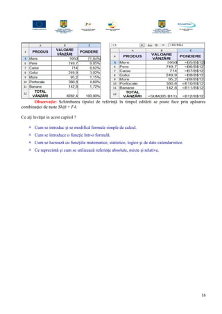 Observaţie: Schimbarea tipului de referinţă în timpul editării se poate face prin apăsarea
combinaţiei de taste Shift + F4.
Ce aţi învăţat in acest capitol ?
 Cum se introduc şi se modifică formule simple de calcul.
 Cum se introduce o funcţie într-o formulă.
 Cum se lucrează cu funcţiile matematice, statistice, logice şi de date calendaristice.
 Ce reprezintă şi cum se utilizează referinţe absolute, mixte şi relative.
16
 