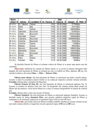 Se deschide butonul de filtrare al coloanei criteriu de filtrare şi se poate opta pentru una din
variantele:
Observaţie: Indiferent de varianta de filtrare aleasă, se va reveni la afişarea întregului tabel
alegând, din lista butonului de filtrare al coloanei pe care s-a stabilit un filtru, opţiunea All sau, clic
oriunde în tabel şi, din meniul Data → Filter → Remove Filter.
Filtrare prin selecţie: din lista butonului de filtrare se selectează una dintre valorile afişate.
Aceasta va duce la ascunderea tuturor liniilor ce nu conţin pe respectiva coloană valoarea selectată.
Exemplu: afişarea doar a clienţilor din Bucureşti.
Filtrare Primele 10 (Top 10): din lista butonului de filtrare se selectează opţiunea Top 10.
Aceasta va conduce la afişarea celor mai mari 10 înregistrări din coloana aleasă drept criteriu de
filtrare (de tip numeric). Acest tip de filtrare nu va face şi sortarea înregistrărilor în funcţie de criteriul
ales.
Exemplu: afişarea doar a celor mai recente 10 facturi.
Filtrare Standard: din lista butonului de filtrare se selectează opţiunea Standard. Aceasta va
deschide caseta de dialog Standard Filter, care permite stabilirea propriilor reguli de filtrare şi
comparare şi, de asemenea, legarea lor cu operatorii logici AND (şi) sau OR (sau).
Observaţie: mai multe criterii de filtrare (condiţii) stabilite simultan pe aceeaşi coloană sau pe
mai multe coloane diferite se leagă între ele prin operatorii logici AND (şi) şi OR (sau).
19
 