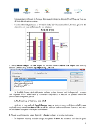 • Introduceţi propriile date în foaia de date sau puteţi importa date din OpenOffice.org Calc sau
să lipiţi date din alte programe.
• Clic în exteriorul graficului, se revine în modul de vizualizare anterior, Normal, graficul din
diapozitiv este creat pe baza datelor noi introduse.
2. Lansaţi Insert→ Object → OLE Object. Se deschide fereastră Insert OLE Object unde selectaţi
opţiunea Create new şi respectiv OpenOffice.org 2.2 Chart.
Se deschide fereastra aplicaţiei pentru realizare grafice şi urmaţi paşii de la punctul 1 pentru a
crea diagrama dorită. Modificarea şi formatarea diagramelor se execută cu ajutorul comenzilor
specifice aplicaţiei pentru grafice.
5.7.3. Crearea şi prelucrarea unui tabel
Aplicaţia la care apelează OpenOffice.org Impress pentru crearea, modificarea tabelelor este
o aplicaţie de tip spreadsheet OpenOffice.org Calc, aplicaţie învăţată mai înainte. Inserarea unei tabel
într-un diapozitiv se poate realiza prin două metode:
1. Alegeţi un şablon pentru aspect diapozitiv (slide layout) care să conţină pictograma
• În diapozitiv efectuaţi un dublu clic pe pictograma de tabel. Se afişează o foaie de date goale
6
 