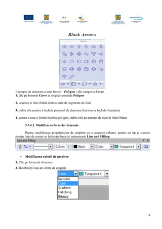 Exemplu de desenare a unei forme – Polygon - din categoria Curve
1. clic pe butonul Curve şi alegeţi comanda Polygon
2. desenaţi o linie frântă dintr-o serie de segmente de linie
3. dublu clic pentru a încheia procesul de desenare linii (nu se închide fereastra)
4. pentru a crea o formă închisă, poligon, dublu clic pe punctul de start al liniei frânte
5.7.4.2. Modificarea formelor desenate
Pentru modificarea proprietăţilor de umplere cu o anumită culoare, pentru un tip şi culoare
pentru linia de contur se foloseşte bara de instrumente Line and Filling:
• Modificarea culorii de umplere
1. Clic pe forma de desenare
2. Deschideţi lista de oferte de umpleri
9
 