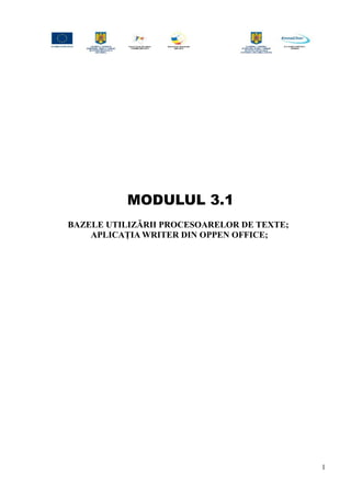MODULUL 3.1
BAZELE UTILIZĂRII PROCESOARELOR DE TEXTE;
APLICAȚIA WRITER DIN OPPEN OFFICE;
1
 
