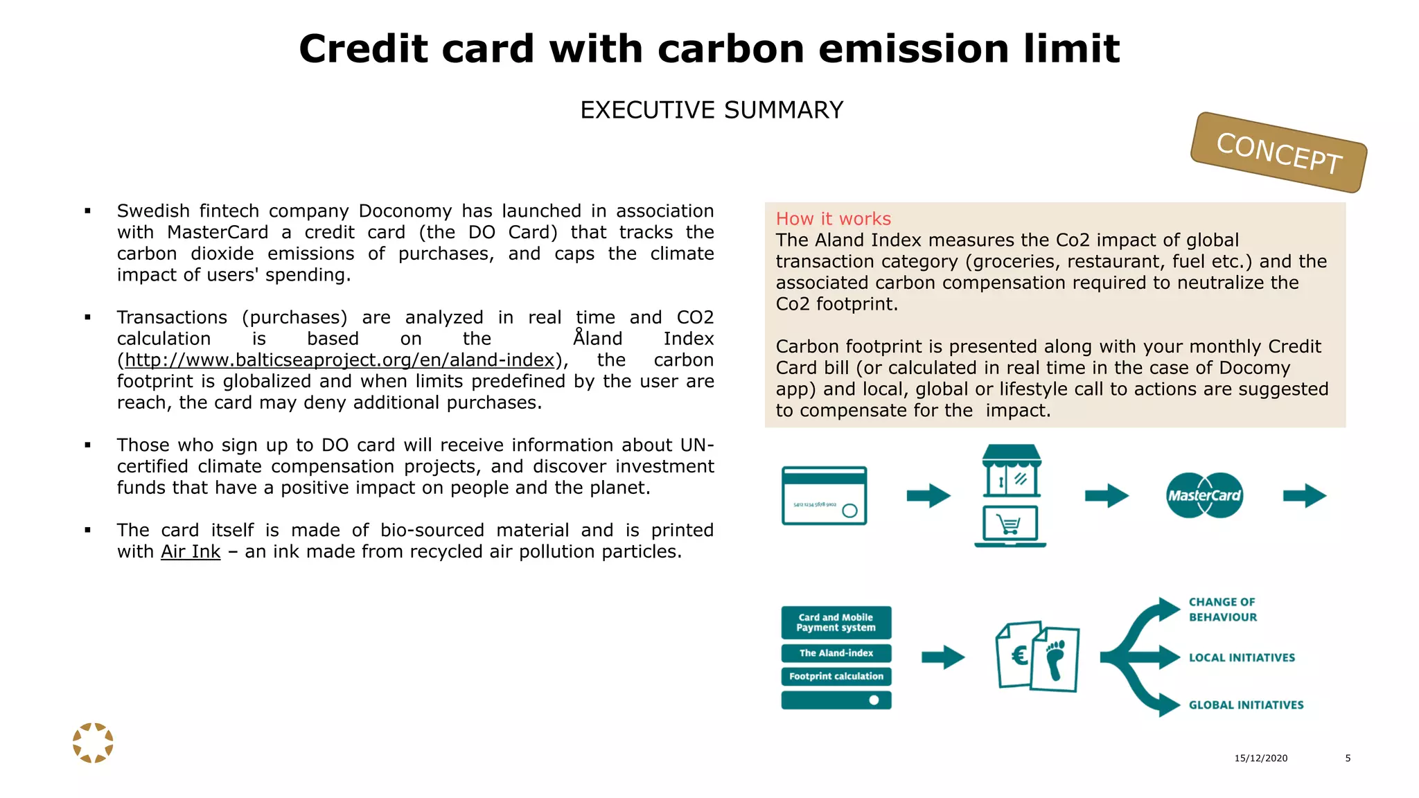 15/12/2020 5
▪ Swedish fintech company Doconomy has launched in association
with MasterCard a credit card (the DO Card) that tracks the
carbon dioxide emissions of purchases, and caps the climate
impact of users' spending.
▪ Transactions (purchases) are analyzed in real time and CO2
calculation is based on the Åland Index
(http://www.balticseaproject.org/en/aland-index), the carbon
footprint is globalized and when limits predefined by the user are
reach, the card may deny additional purchases.
▪ Those who sign up to DO card will receive information about UN-
certified climate compensation projects, and discover investment
funds that have a positive impact on people and the planet.
▪ The card itself is made of bio-sourced material and is printed
with Air Ink – an ink made from recycled air pollution particles.
Credit card with carbon emission limit
EXECUTIVE SUMMARY
How it works
The Aland Index measures the Co2 impact of global
transaction category (groceries, restaurant, fuel etc.) and the
associated carbon compensation required to neutralize the
Co2 footprint.
Carbon footprint is presented along with your monthly Credit
Card bill (or calculated in real time in the case of Docomy
app) and local, global or lifestyle call to actions are suggested
to compensate for the impact.
 