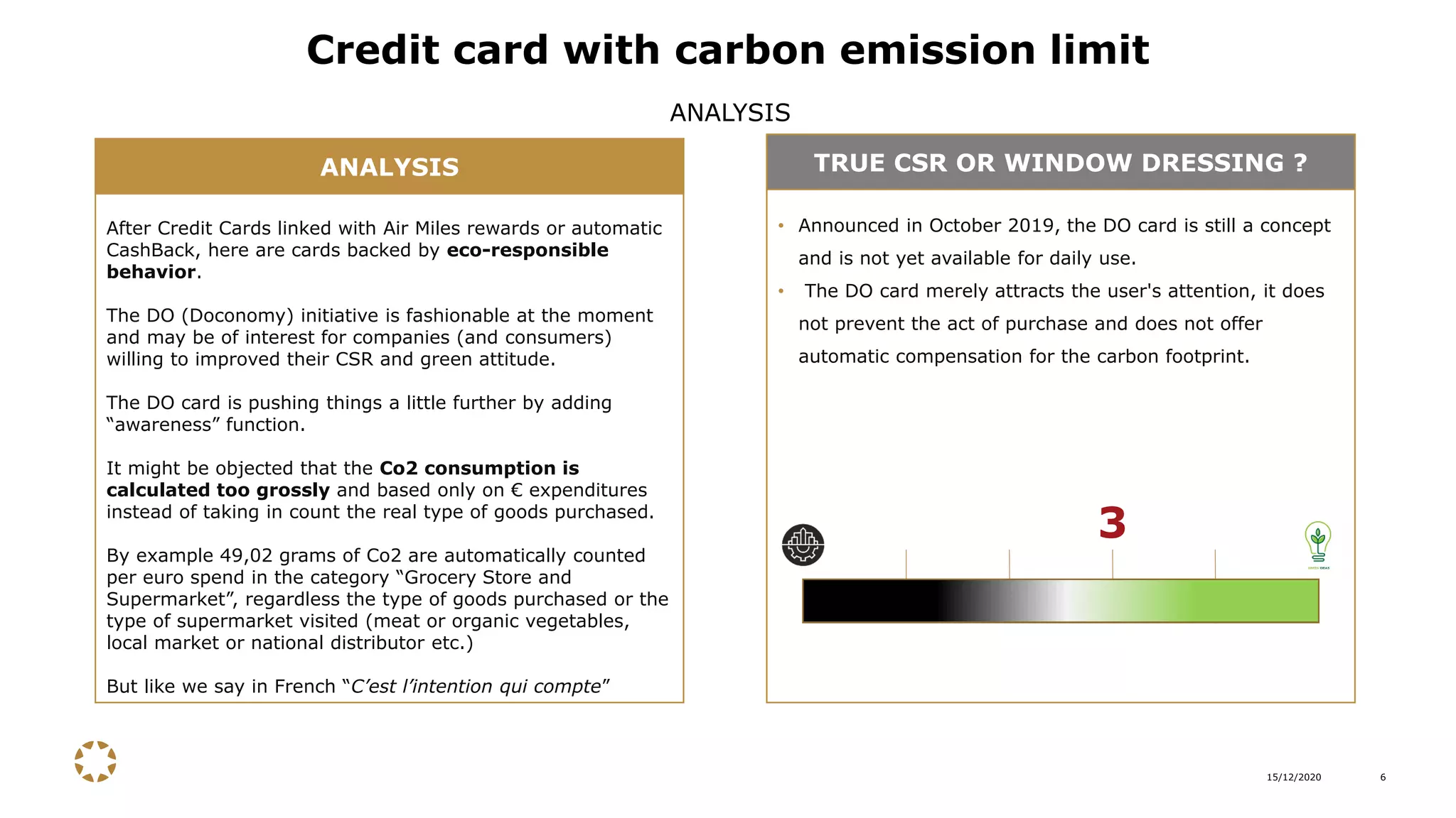15/12/2020 6
Credit card with carbon emission limit
ANALYSIS
After Credit Cards linked with Air Miles rewards or automatic
CashBack, here are cards backed by eco-responsible
behavior.
The DO (Doconomy) initiative is fashionable at the moment
and may be of interest for companies (and consumers)
willing to improved their CSR and green attitude.
The DO card is pushing things a little further by adding
“awareness” function.
It might be objected that the Co2 consumption is
calculated too grossly and based only on € expenditures
instead of taking in count the real type of goods purchased.
By example 49,02 grams of Co2 are automatically counted
per euro spend in the category “Grocery Store and
Supermarket”, regardless the type of goods purchased or the
type of supermarket visited (meat or organic vegetables,
local market or national distributor etc.)
But like we say in French “C’est l’intention qui compte”
ANALYSIS TRUE CSR OR WINDOW DRESSING ?
• Announced in October 2019, the DO card is still a concept
and is not yet available for daily use.
• The DO card merely attracts the user's attention, it does
not prevent the act of purchase and does not offer
automatic compensation for the carbon footprint.
3
 