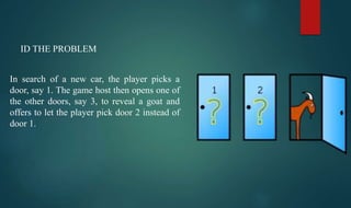 ID THE PROBLEM
In search of a new car, the player picks a
door, say 1. The game host then opens one of
the other doors, say 3, to reveal a goat and
offers to let the player pick door 2 instead of
door 1.
 