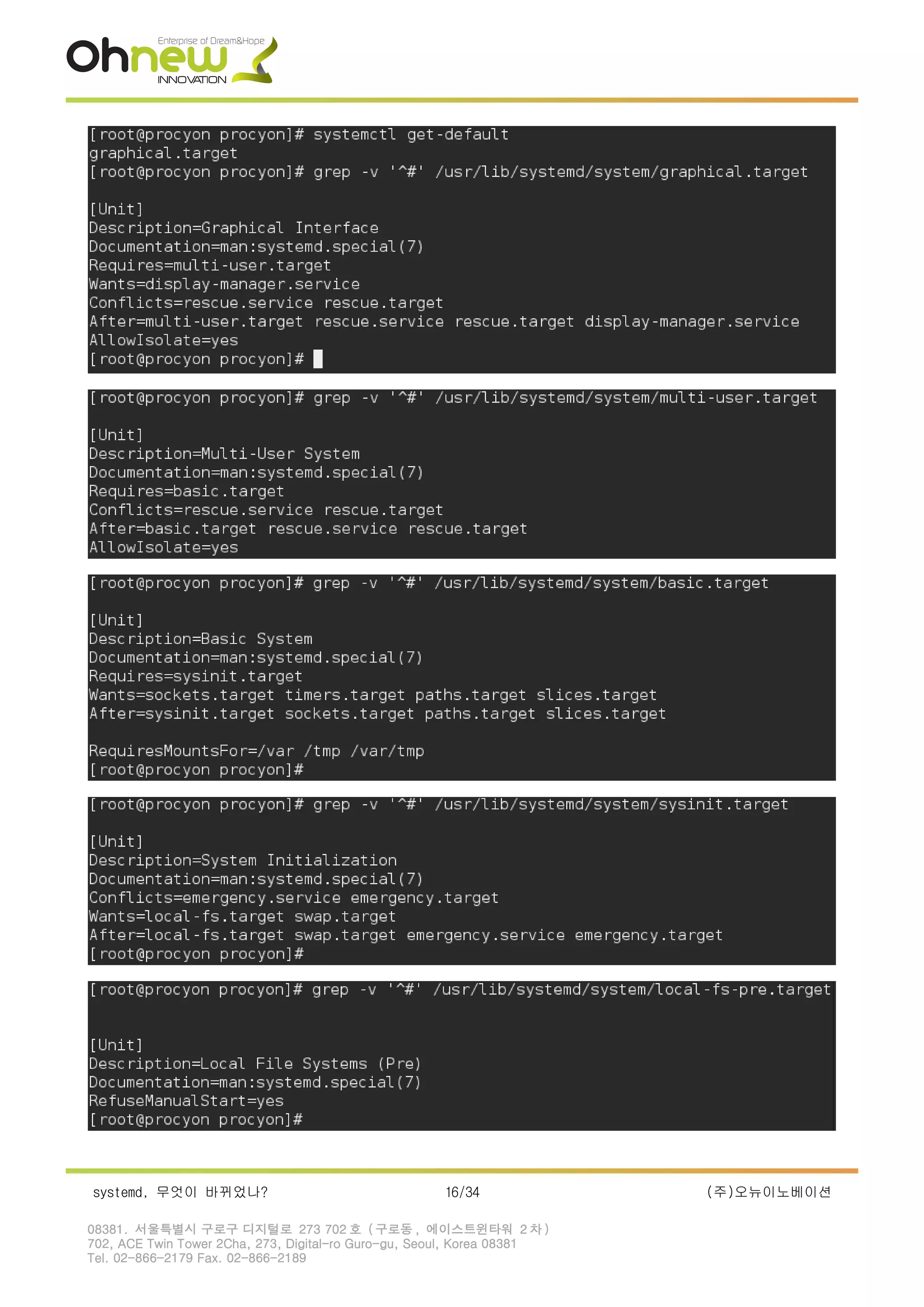 systemd, 무엇이 바뀌었나? 16/34 (주)오뉴이노베이션
08381. 서울특별시 구로구 디지털로 273 702 호 ( 구로동 , 에이스트윈타워 2 차 )
702, ACE Twin Tower 2Cha, 273, Digital-ro Guro-gu, Seoul, Korea 08381
Tel. 02-866-2179 Fax. 02-866-2189
 