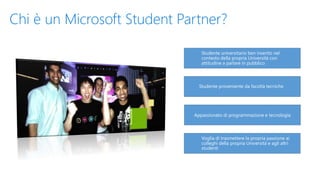 Chi è un Microsoft Student Partner?
Appassionato di programmazione e tecnologia
Studente universitario ben inserito nel
contesto della propria Università con
attitudine a parlare in pubblico
Studente proveniente da facoltà tecniche
Voglia di trasmettere la propria passione ai
colleghi della propria Università e agli altri
studenti
 