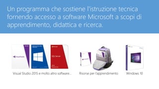 Visual Studio 2015 e molto altro software… Risorse per l’apprendimento Windows 10
Un programma che sostiene l'istruzione tecnica
fornendo accesso a software Microsoft a scopi di
apprendimento, didattica e ricerca.
 