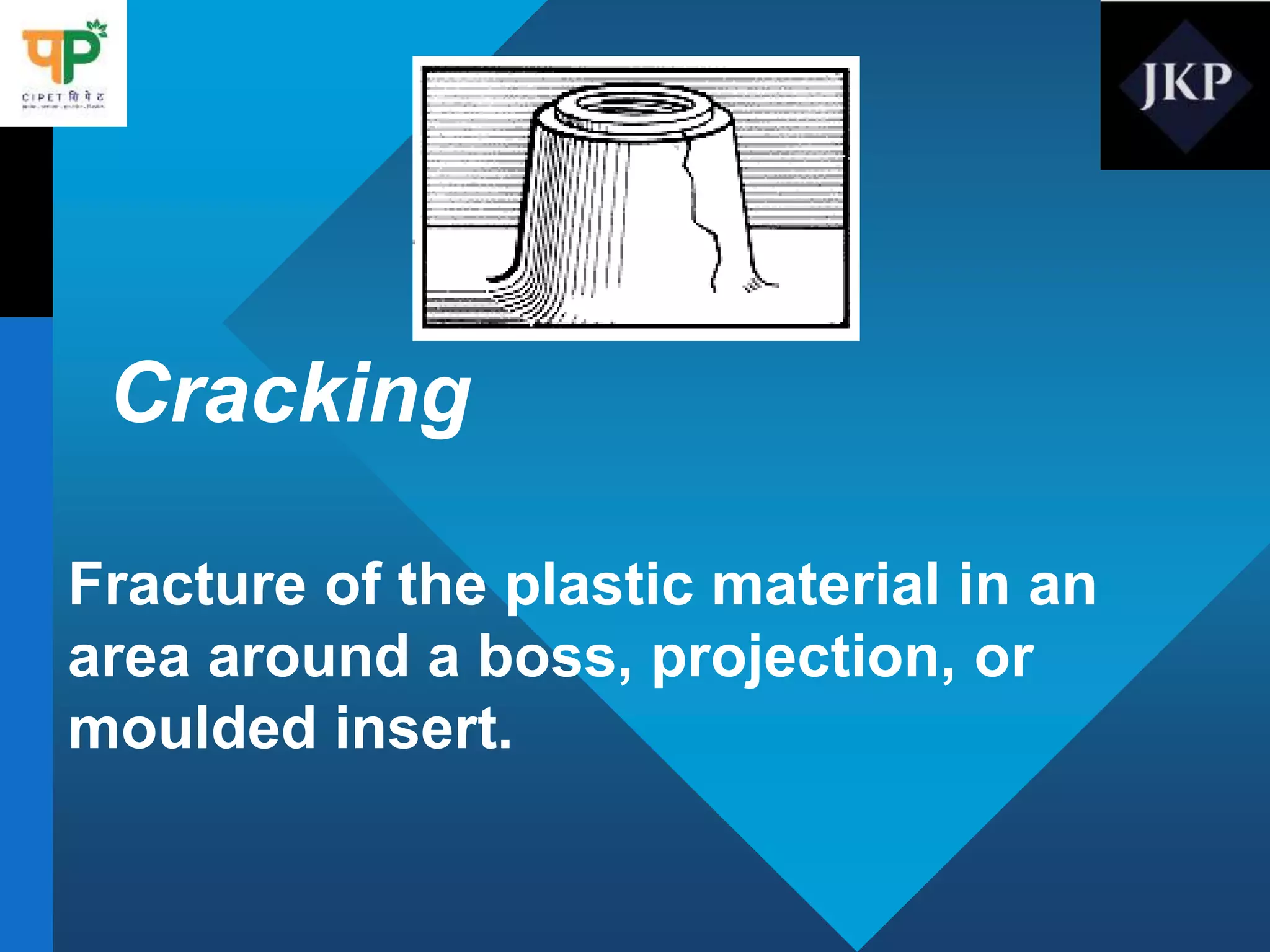 Cracking
Fracture of the plastic material in an
area around a boss, projection, or
moulded insert.
 