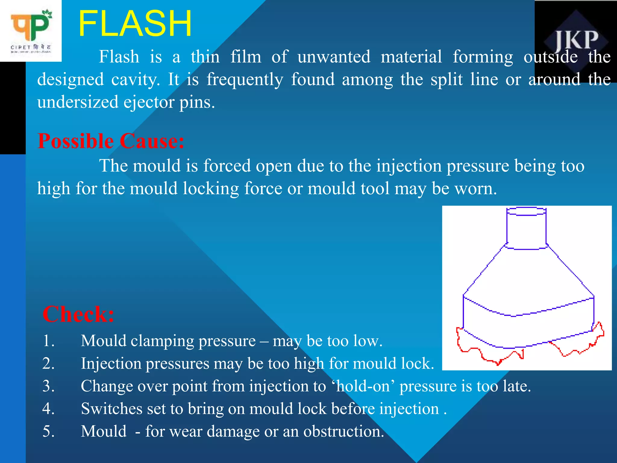 FLASH
Check:
1. Mould clamping pressure – may be too low.
2. Injection pressures may be too high for mould lock.
3. Change over point from injection to ‘hold-on’ pressure is too late.
4. Switches set to bring on mould lock before injection .
5. Mould - for wear damage or an obstruction.
Flash is a thin film of unwanted material forming outside the
designed cavity. It is frequently found among the split line or around the
undersized ejector pins.
Possible Cause:
The mould is forced open due to the injection pressure being too
high for the mould locking force or mould tool may be worn.
 