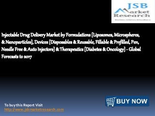 To buy this ReportVisit
http://www.jsbmarketresearch.com
Injectable Drug Delivery Market by Formulations [Liposomes, Microspheres,
& Nanoparticles], Devices [Disposables & Reusable, Fillable & Prefilled, Pen,
Needle Free & AutoInjectors] & Therapeutics [Diabetes & Oncology] - Global
Forecasts to 2017
 