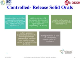 Controlled- Release Solid Orals
08/6/2023 DKSH India's Pharmaceuticals, Technical Seminar, Bengaluru 16
 